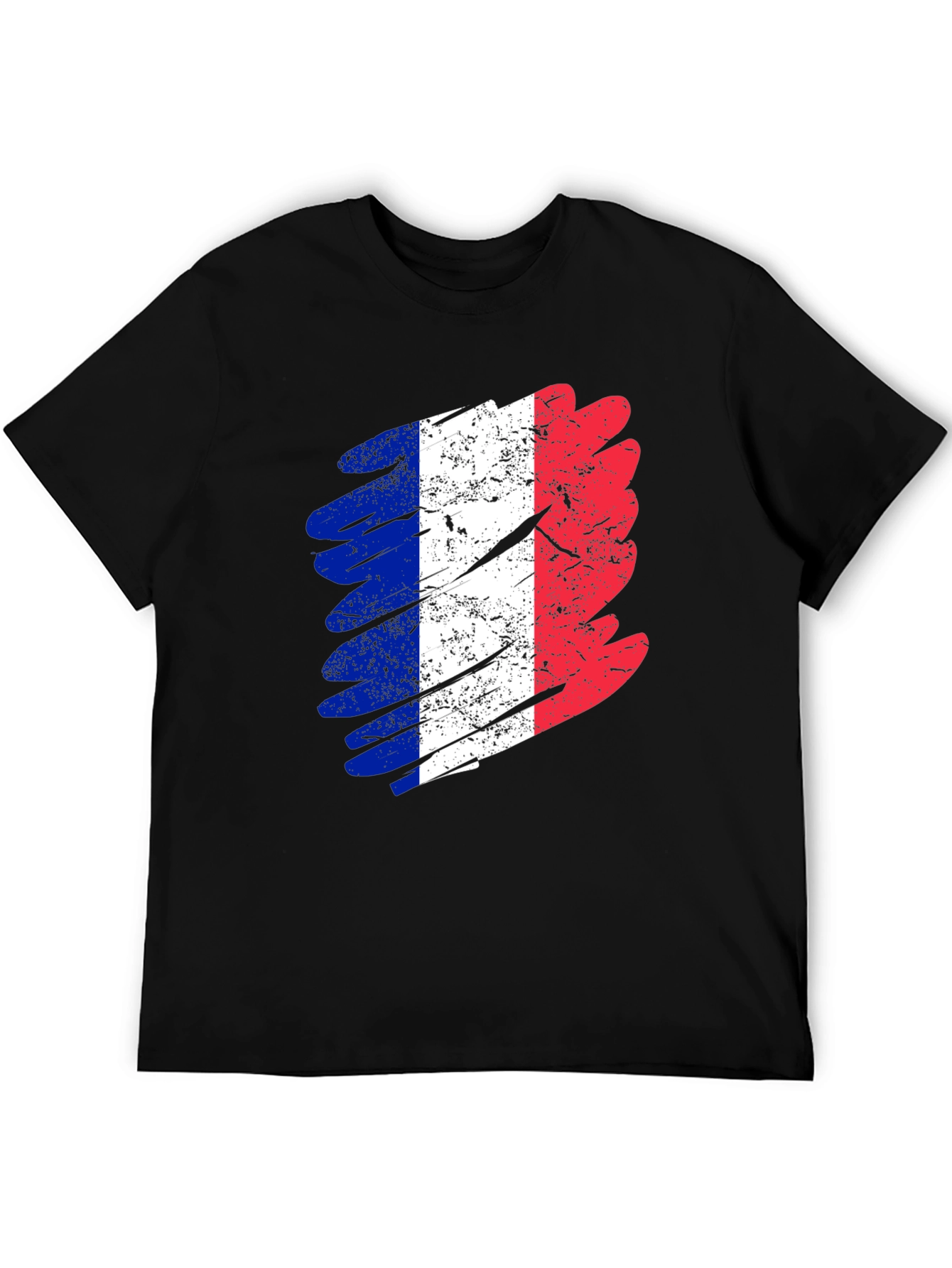 Distressed France Flag Graphic Tee - Black Cotton T-Shirt