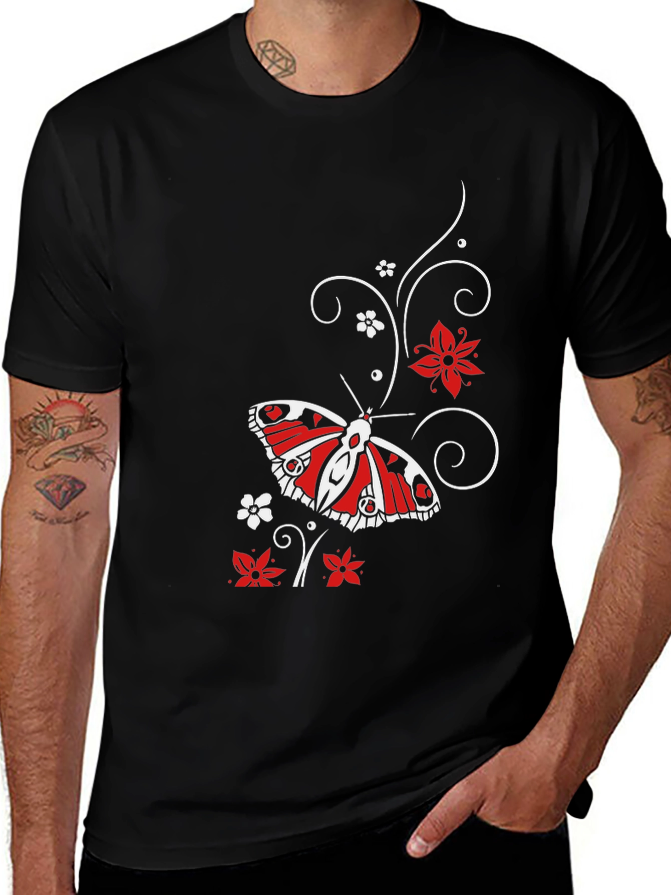 Butterfly & Floral Print T-Shirt - Stylish Mens Tee