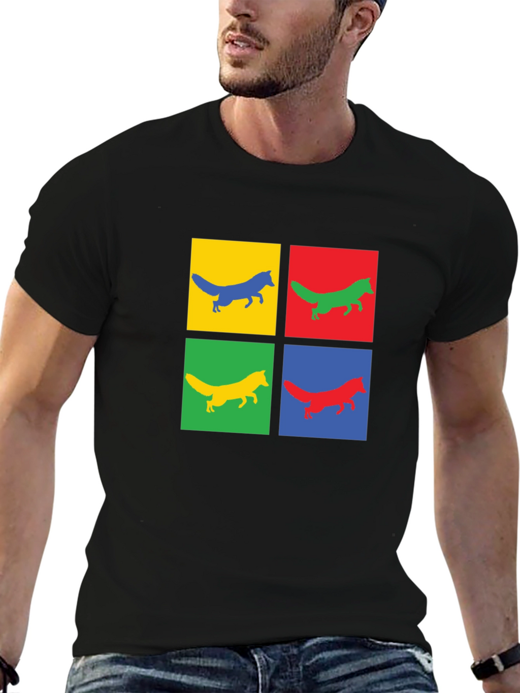 Pop Art Fox Graphic Tee - Black Cotton T-Shirt
