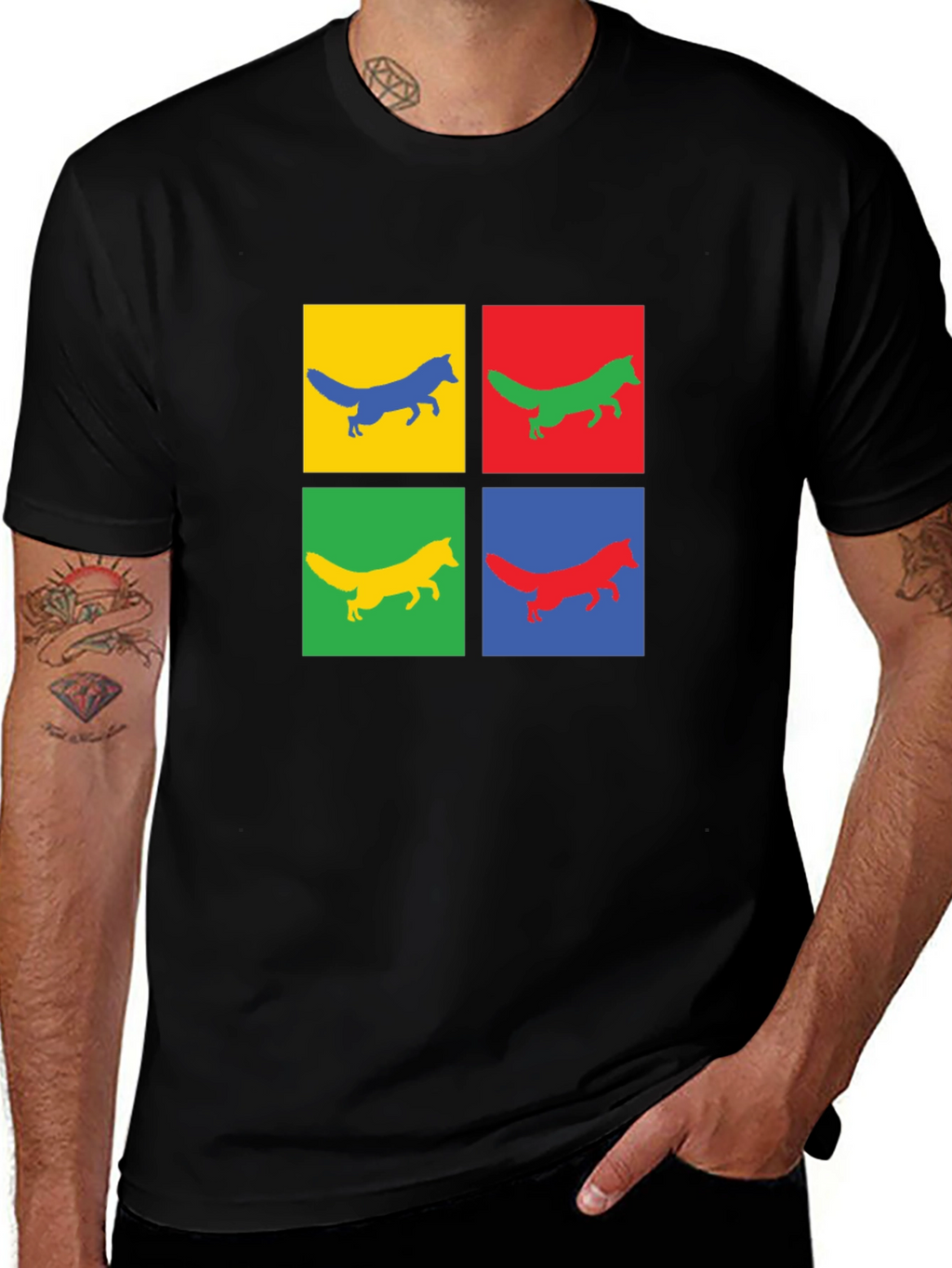 Pop Art Fox Graphic Tee - Black Cotton T-Shirt