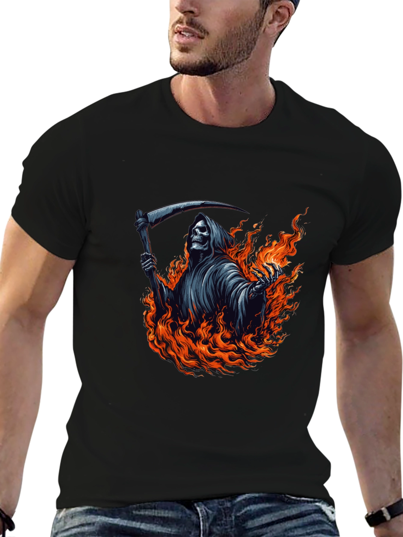 Grim Reaper Fire Graphic Tee - Black Cotton T-Shirt