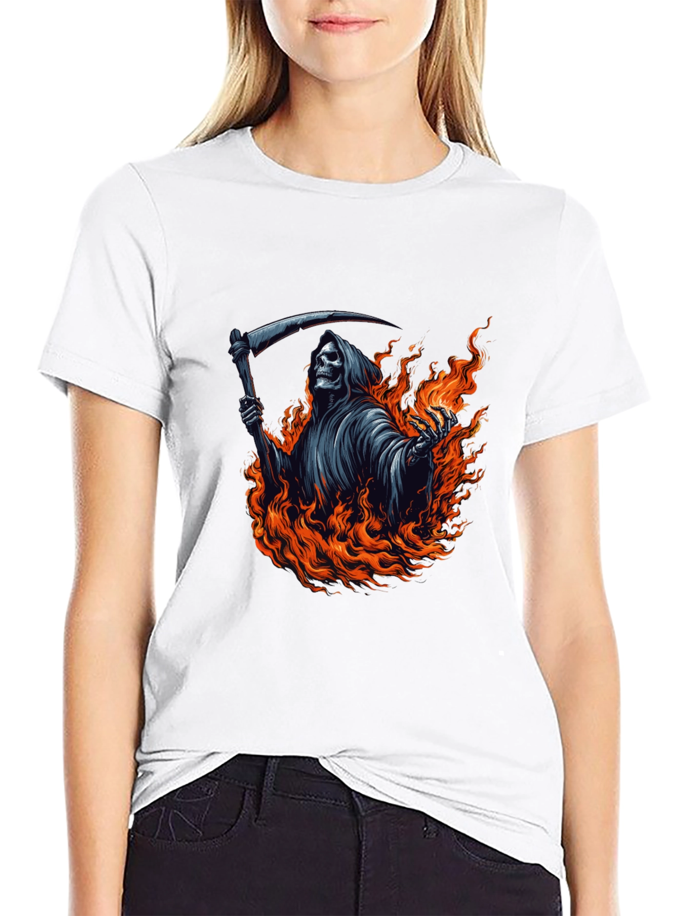 Grim Reaper Fire Graphic Tee - Black Cotton T-Shirt