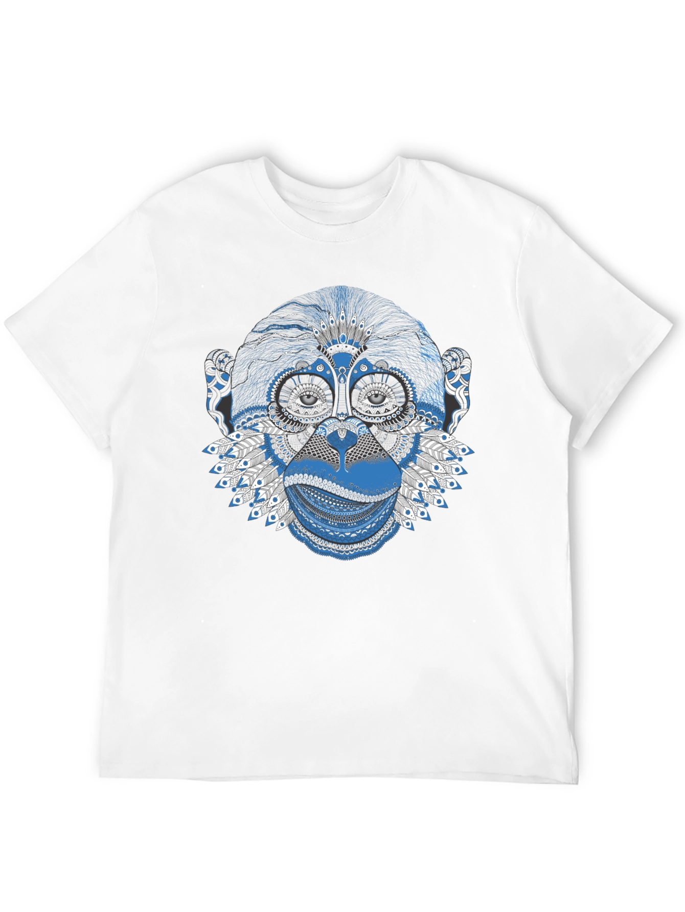 Monkey Graphic Tee - Blue Artistic Design Crew Neck
