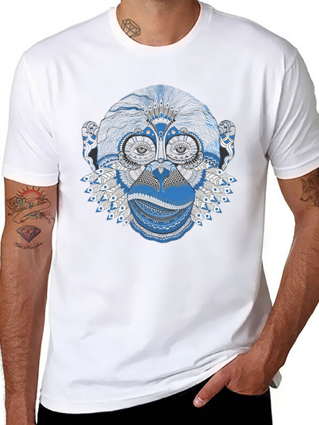 Monkey Graphic Tee - Blue Artistic Design Crew Neck