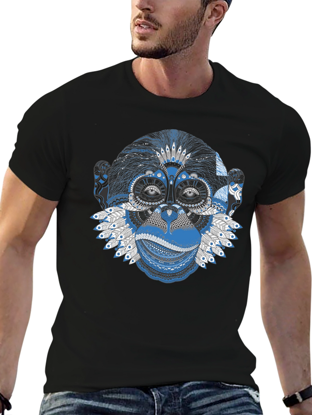 Monkey Graphic Tee - Blue Artistic Design Crew Neck