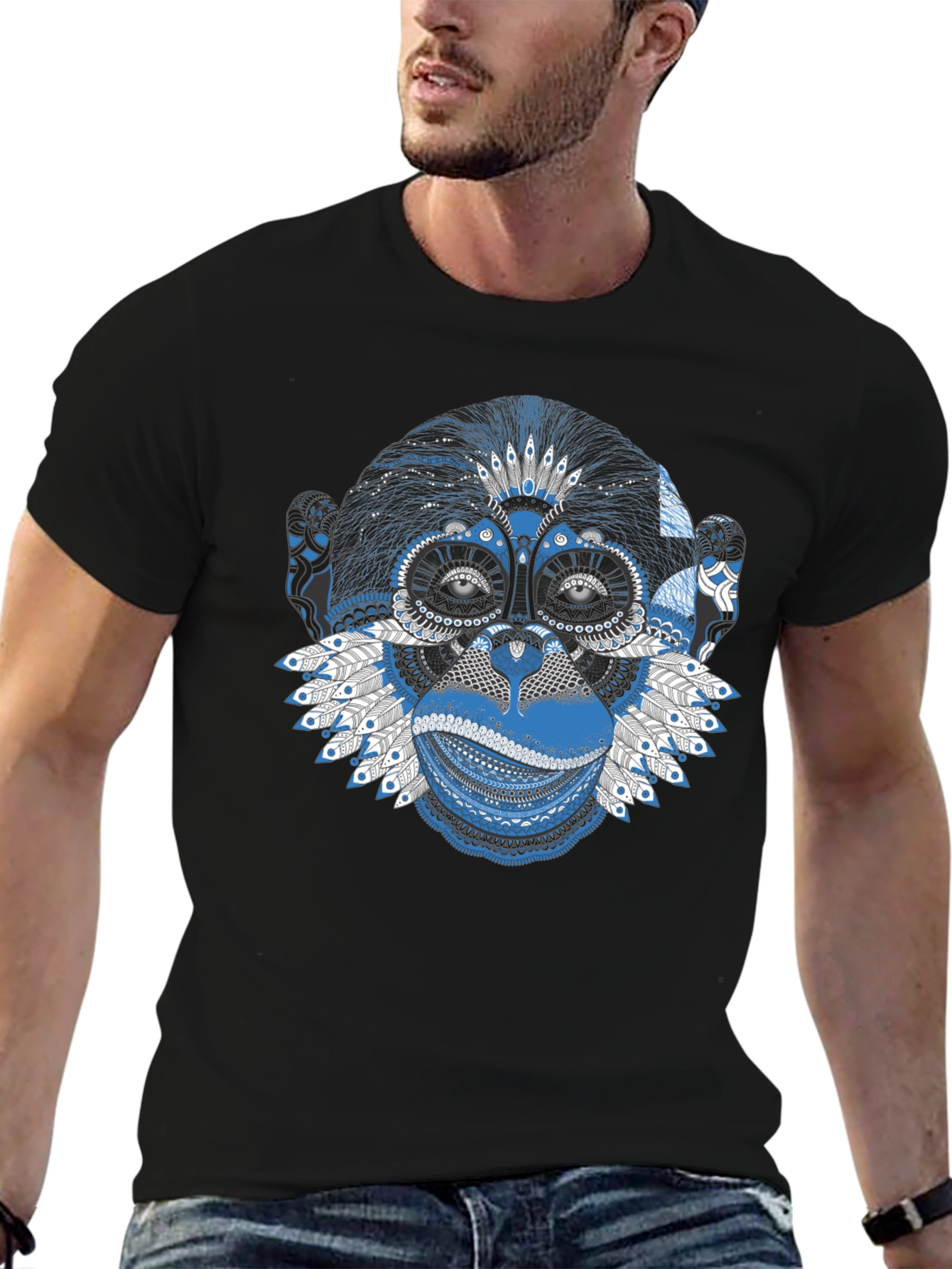 Monkey Graphic Tee - Blue Artistic Design Crew Neck