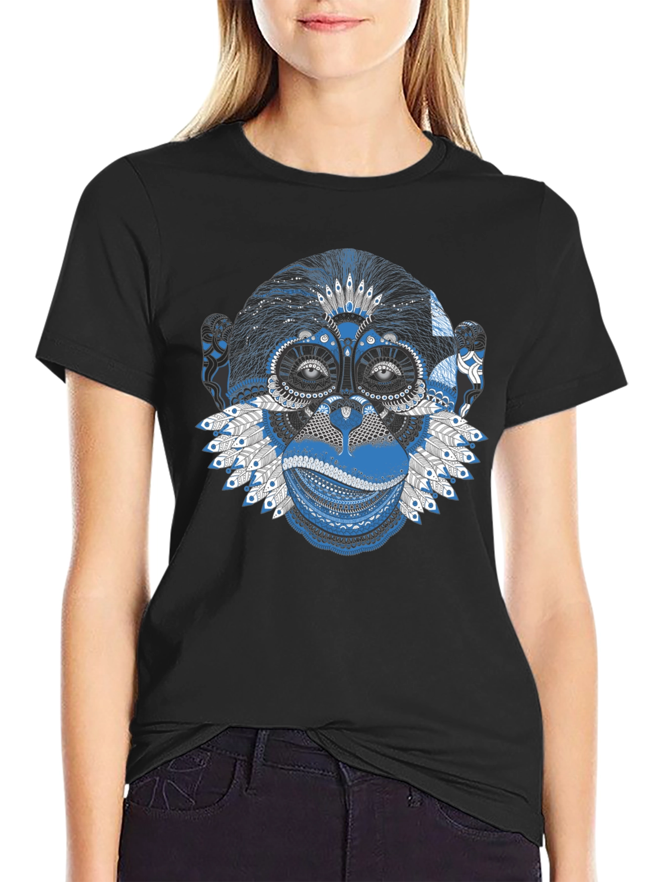 Monkey Graphic Tee - Blue Artistic Design Crew Neck
