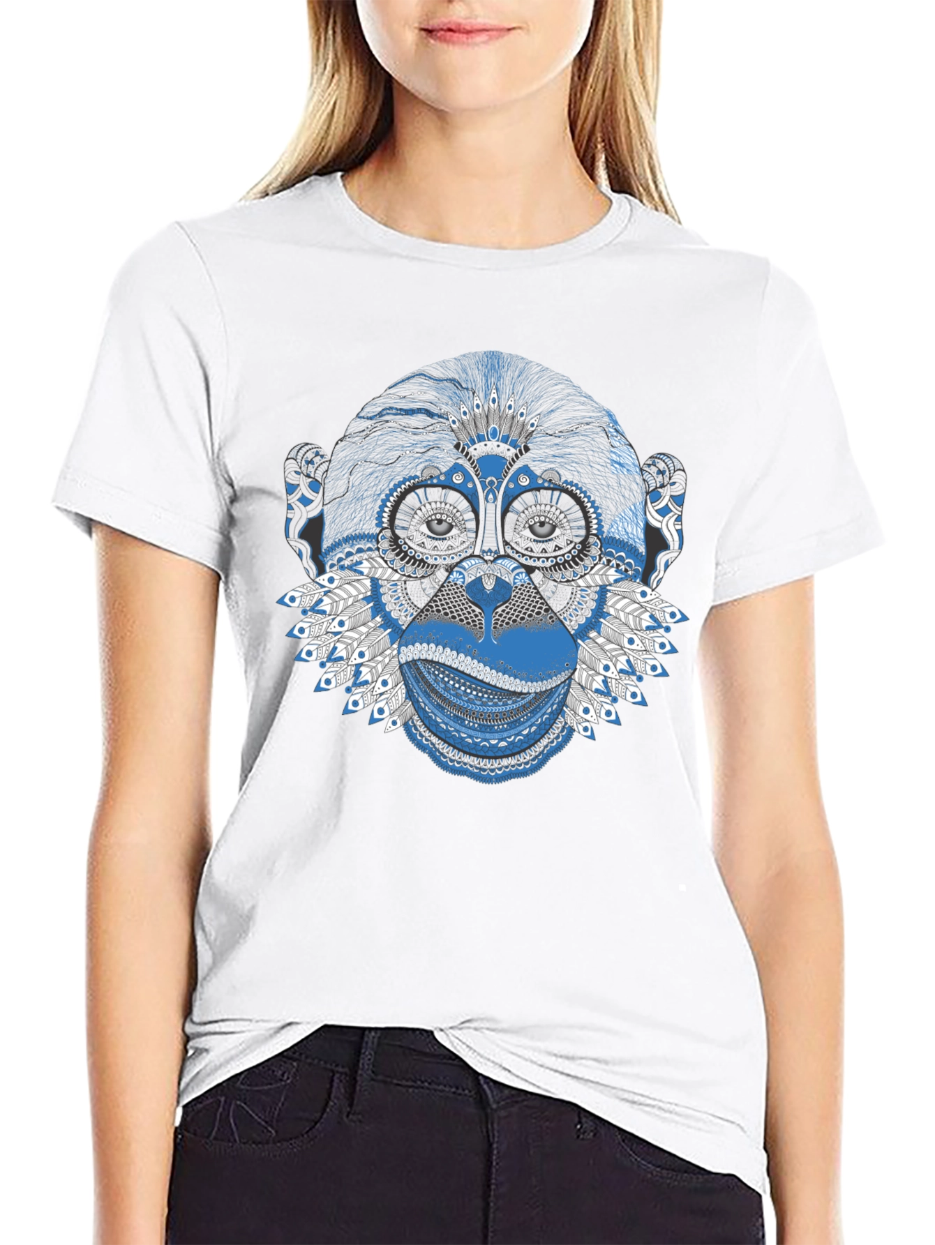 Monkey Graphic Tee - Blue Artistic Design Crew Neck