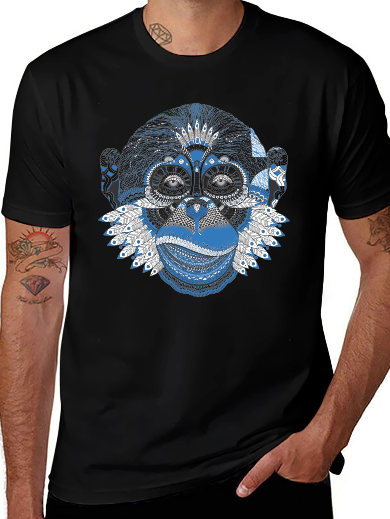 Monkey Graphic Tee - Blue Artistic Design Crew Neck