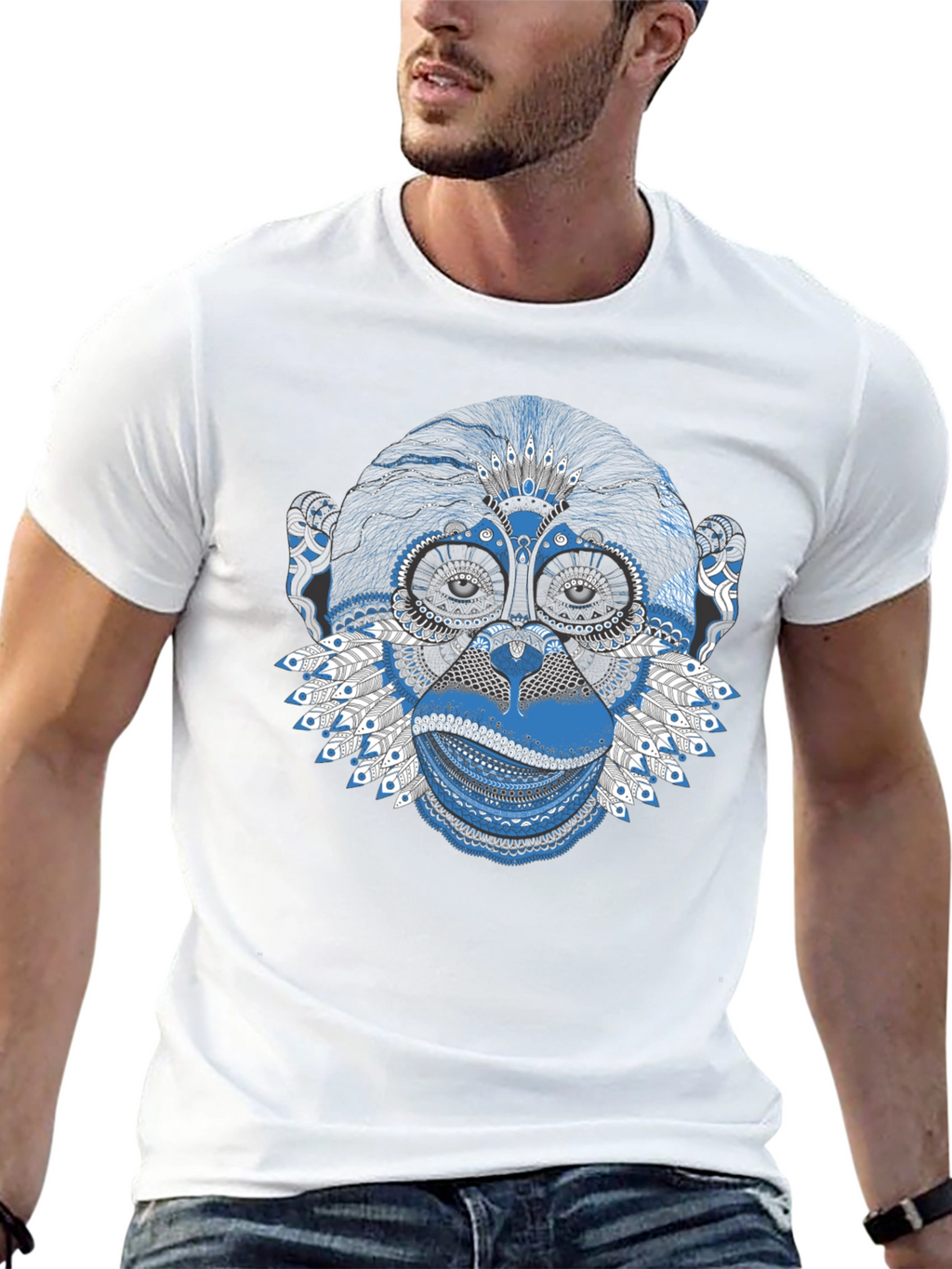 Monkey Graphic Tee - Blue Artistic Design Crew Neck