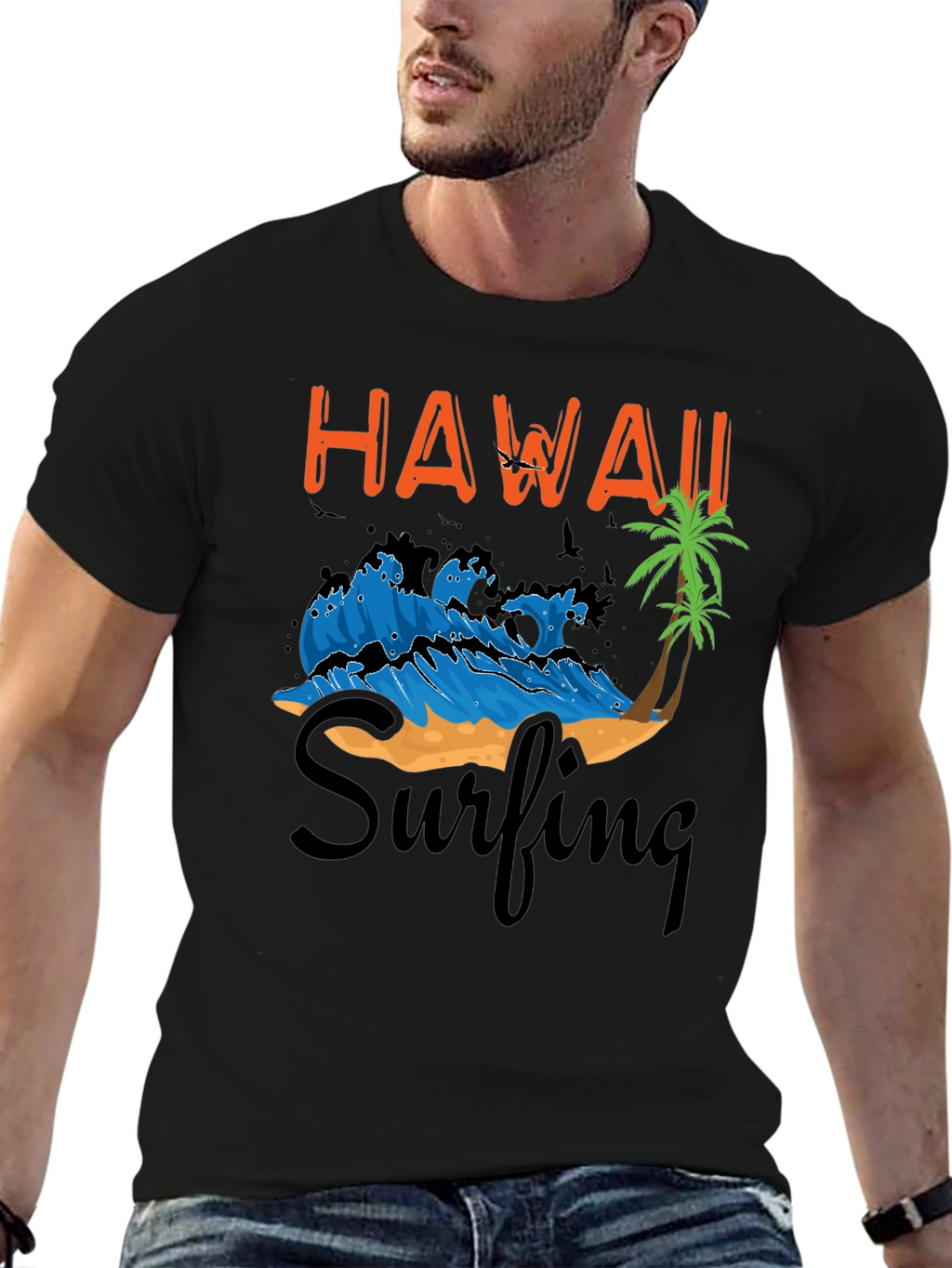 Hawaii Surfing Graphic T-Shirt - Black Cotton Tee