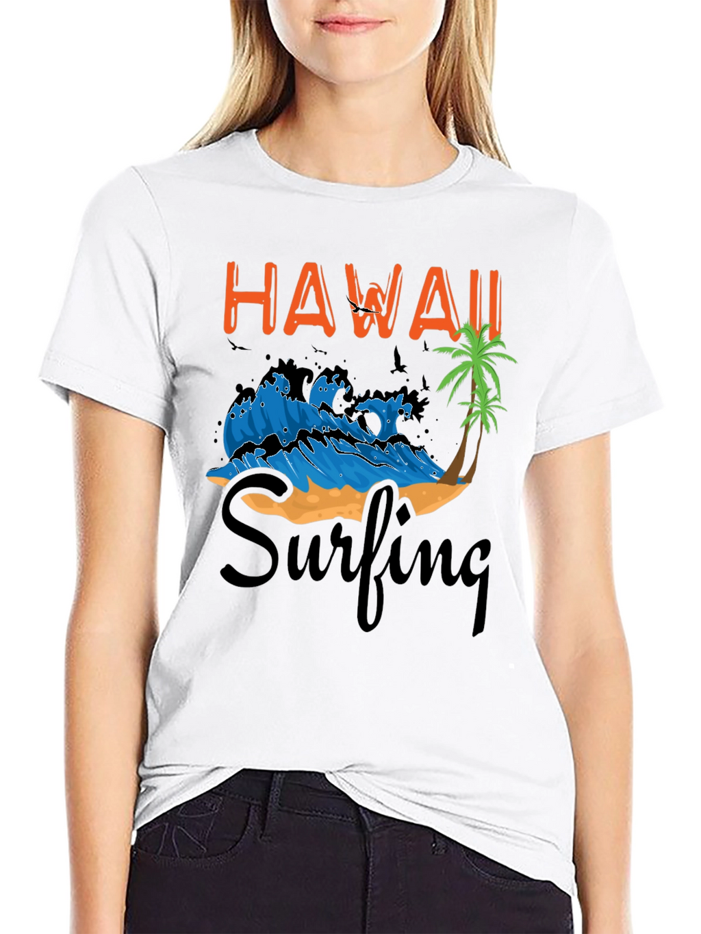 Hawaii Surfing Graphic T-Shirt - Black Cotton Tee