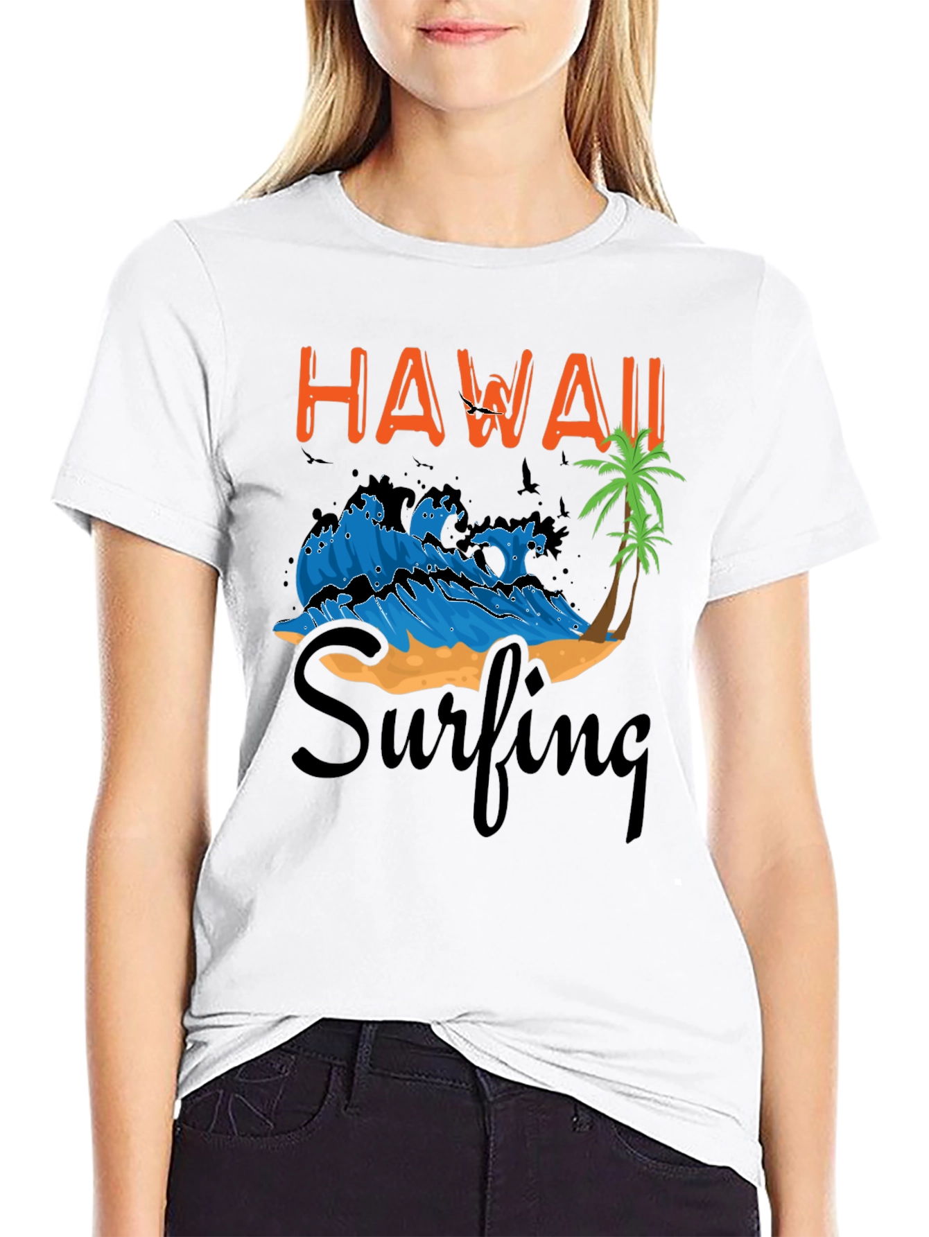 Hawaii Surfing Graphic T-Shirt - Black Cotton Tee