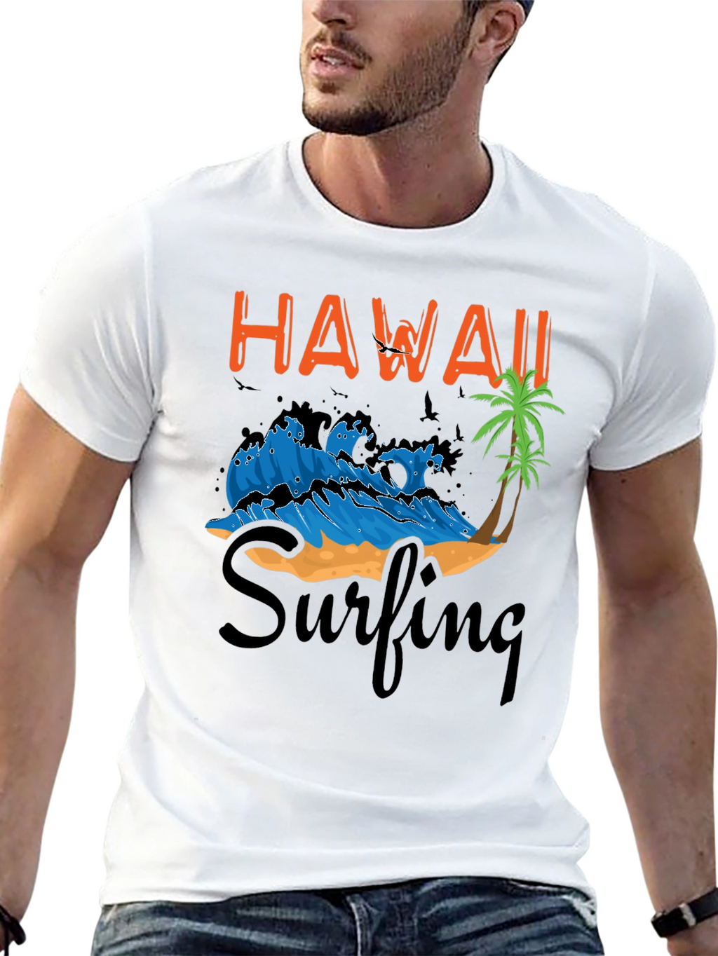 Hawaii Surfing Graphic T-Shirt - Black Cotton Tee