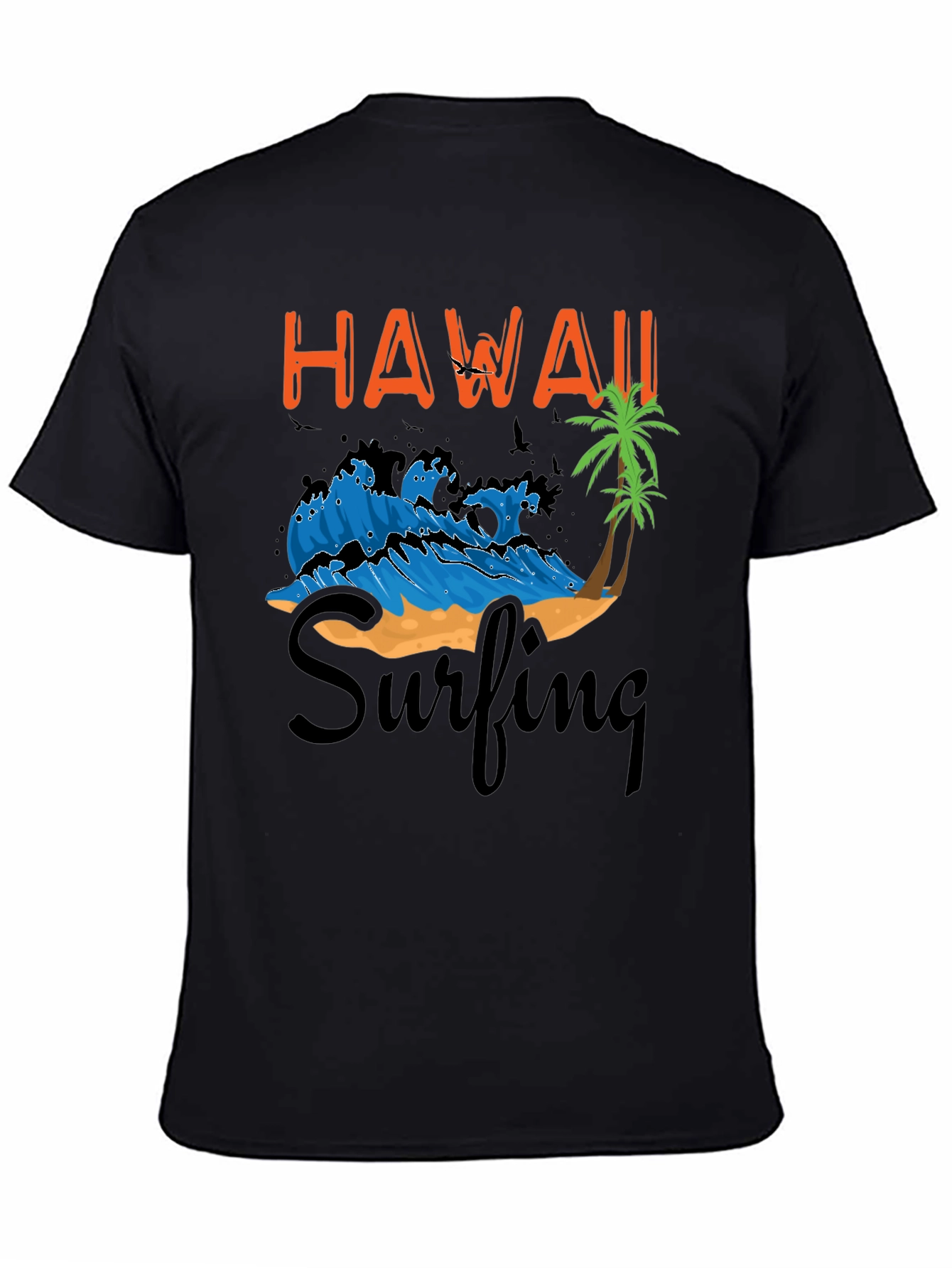 Hawaii Surfing Graphic T-Shirt - Black Cotton Tee