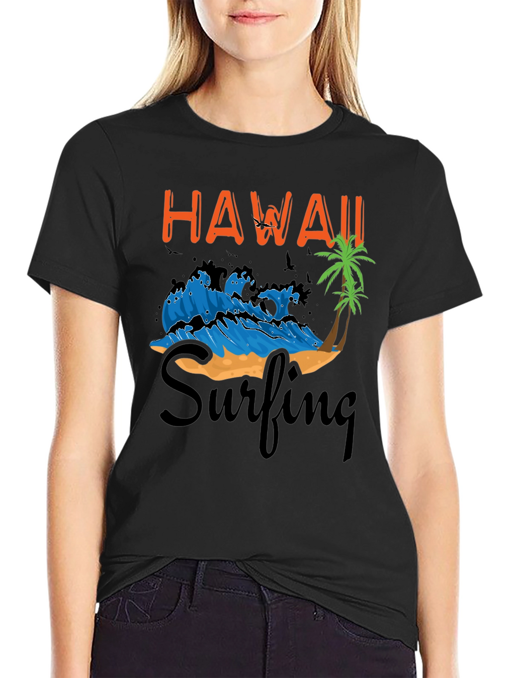 Hawaii Surfing Graphic T-Shirt - Black Cotton Tee