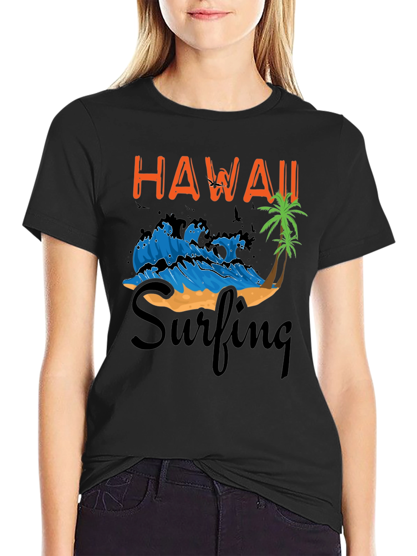 Hawaii Surfing Graphic T-Shirt - Black Cotton Tee