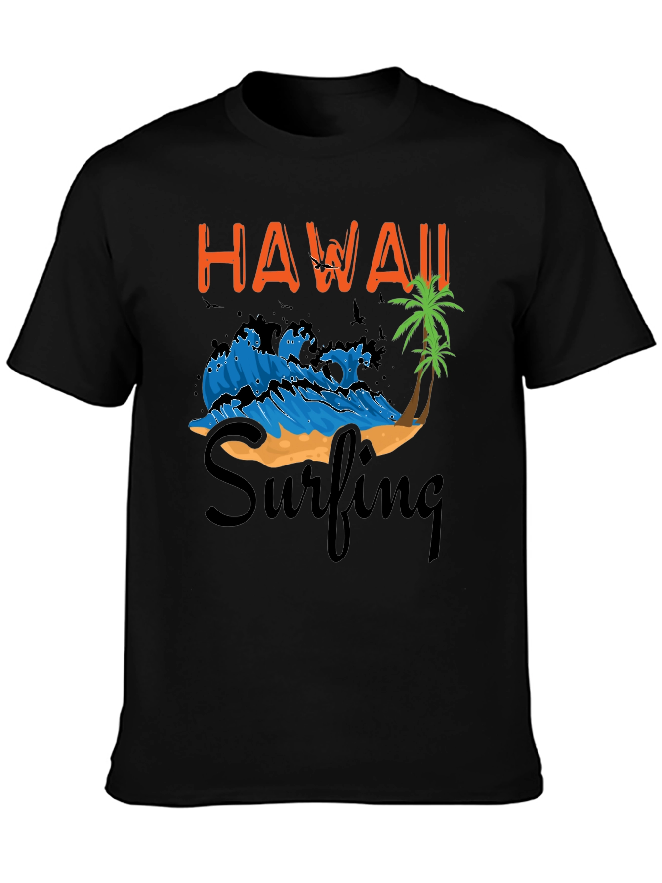 Hawaii Surfing Graphic T-Shirt - Black Cotton Tee