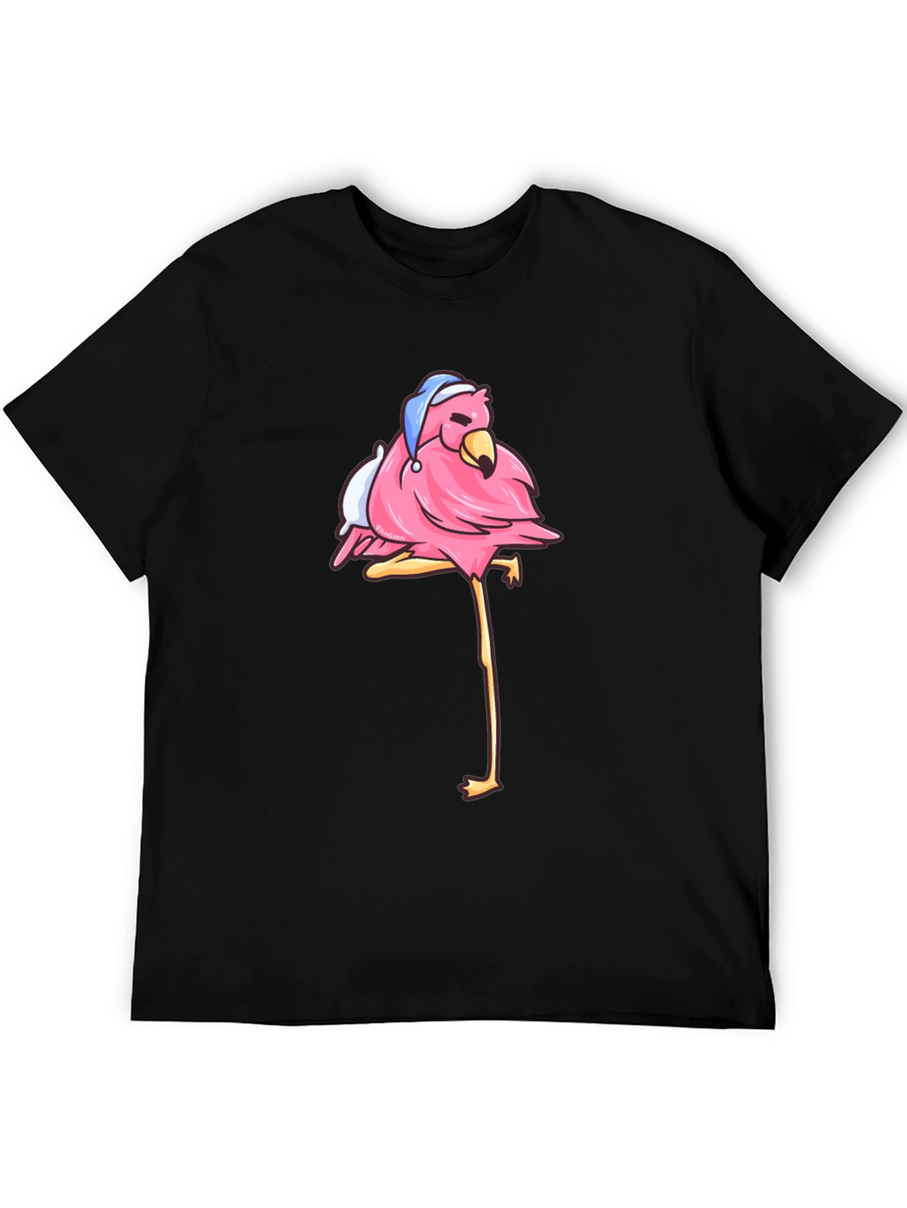 Flamingo Black T-Shirt with Sleepy Bird Design