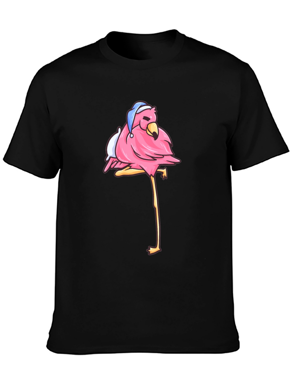 Flamingo Black T-Shirt with Sleepy Bird Design