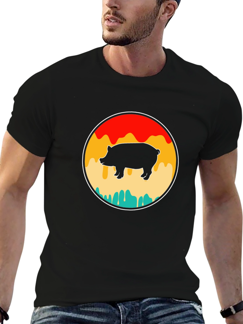 Retro Pig Graphic T-Shirt - Black Cotton Tee