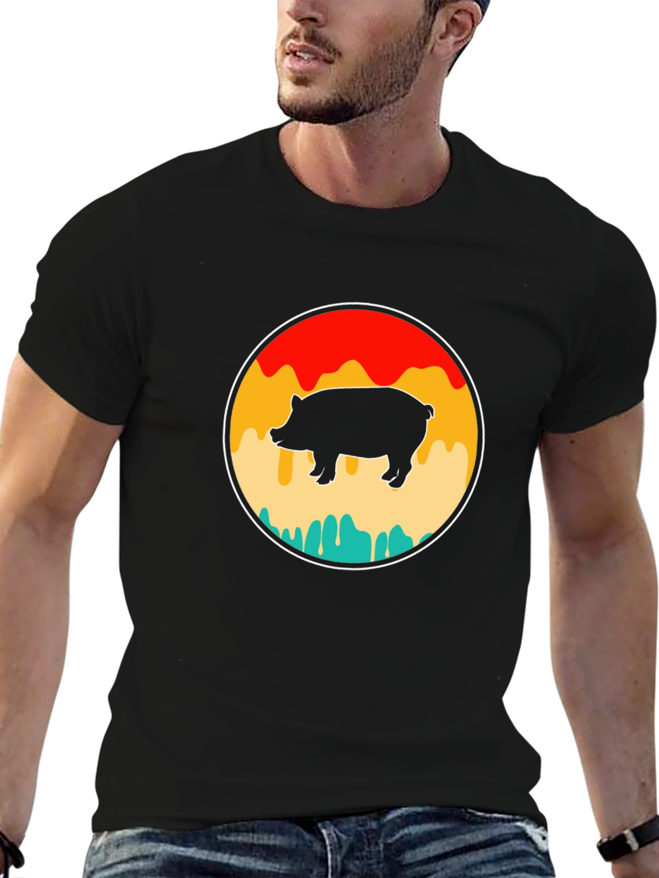 Retro Pig Graphic T-Shirt - Black Cotton Tee