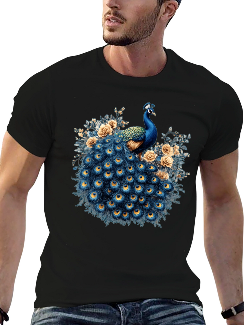 Peacock Graphic Print Black T-Shirt