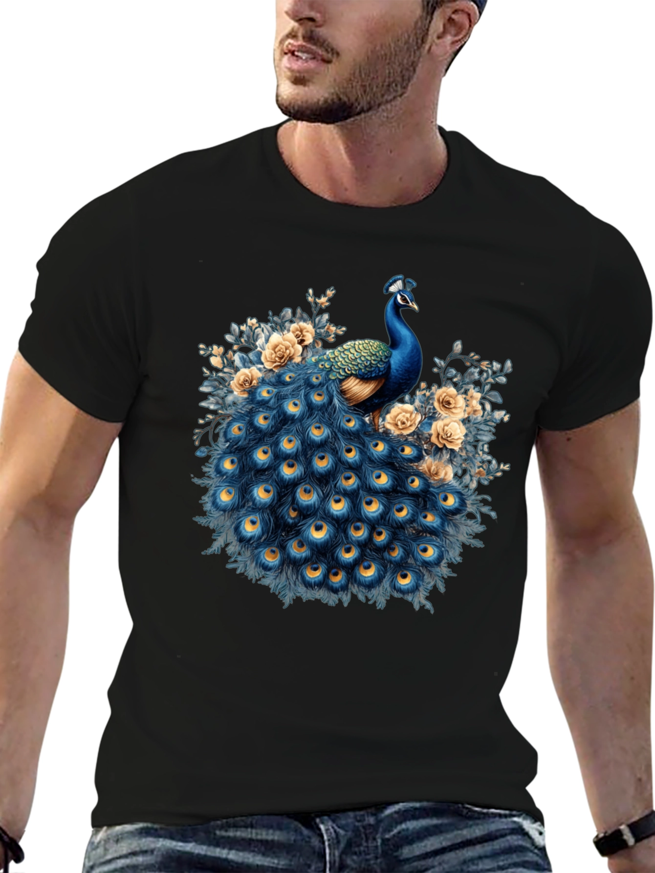Peacock Graphic Print Black T-Shirt