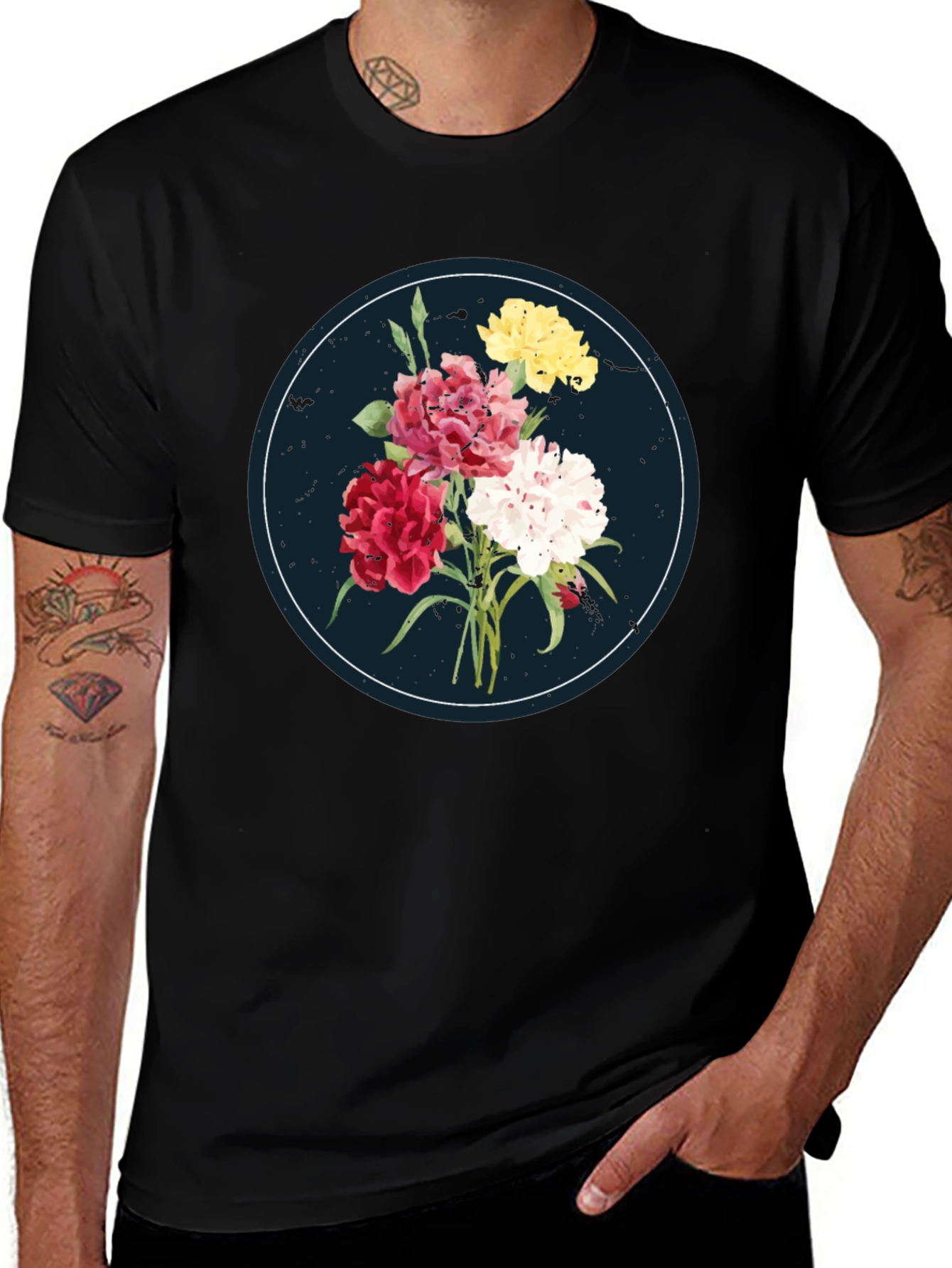 Floral Bouquet Graphic Tee - Stylish Mens Black T-Shirt