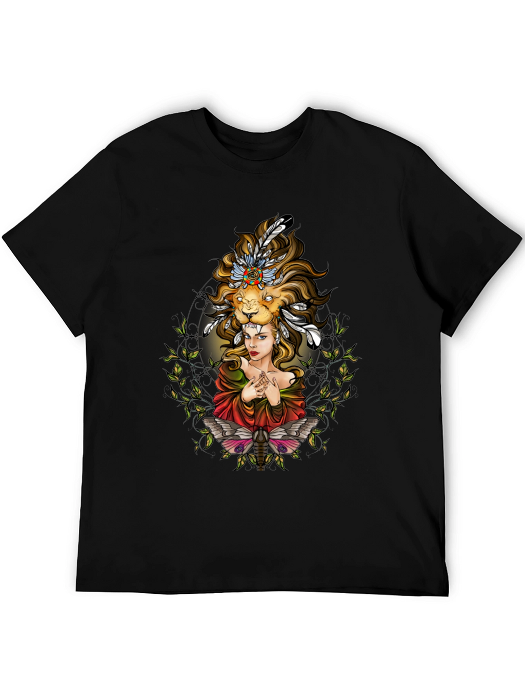 Lion Headdress Woman Graphic Tee - Unisex Black T-Shirt