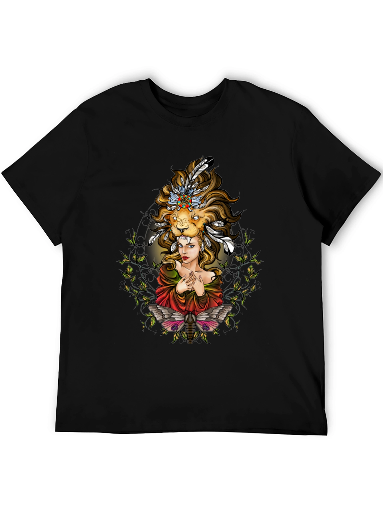 Lion Headdress Woman Graphic Tee - Unisex Black T-Shirt