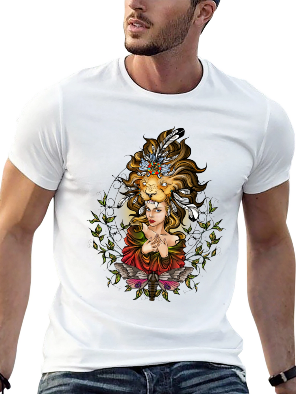 Lion Headdress Woman Graphic Tee - Unisex Black T-Shirt