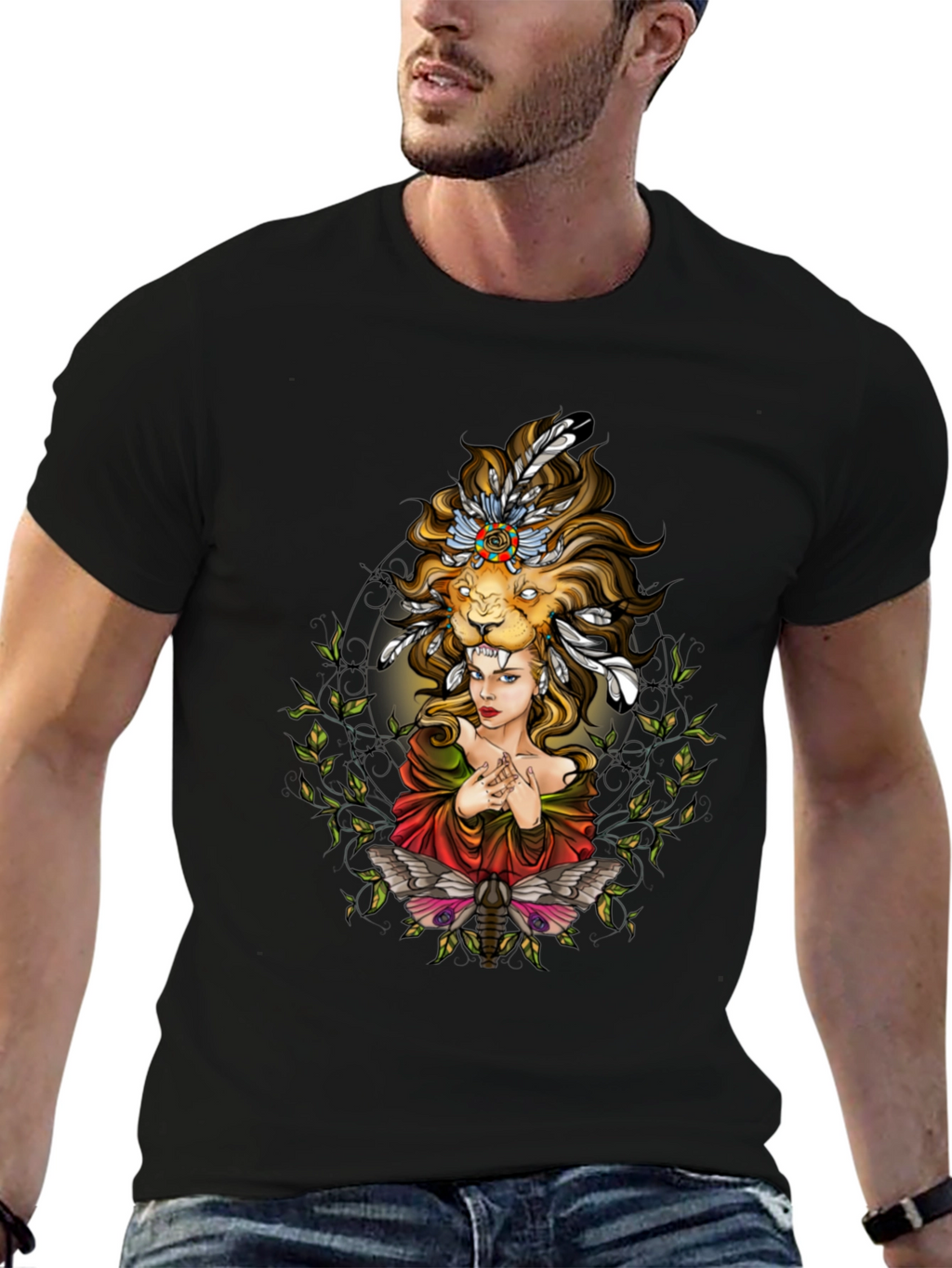 Lion Headdress Woman Graphic Tee - Unisex Black T-Shirt
