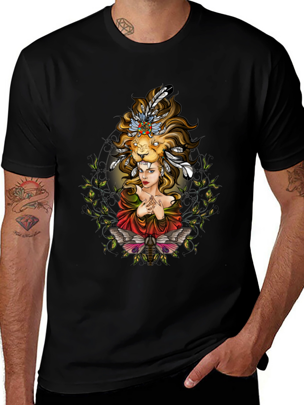Lion Headdress Woman Graphic Tee - Unisex Black T-Shirt