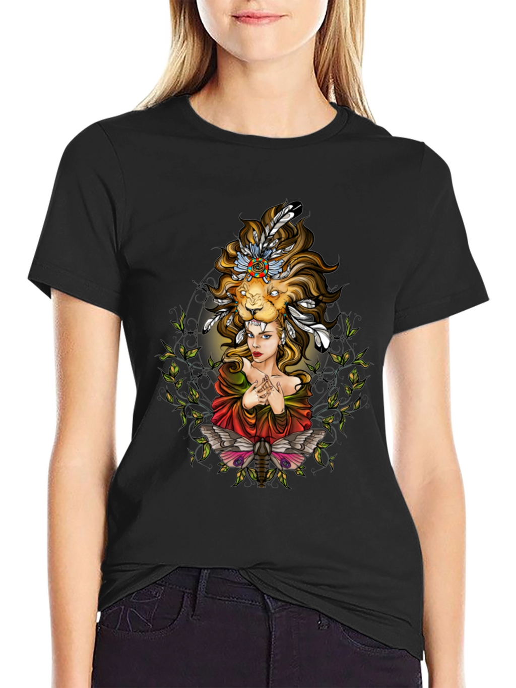 Lion Headdress Woman Graphic Tee - Unisex Black T-Shirt
