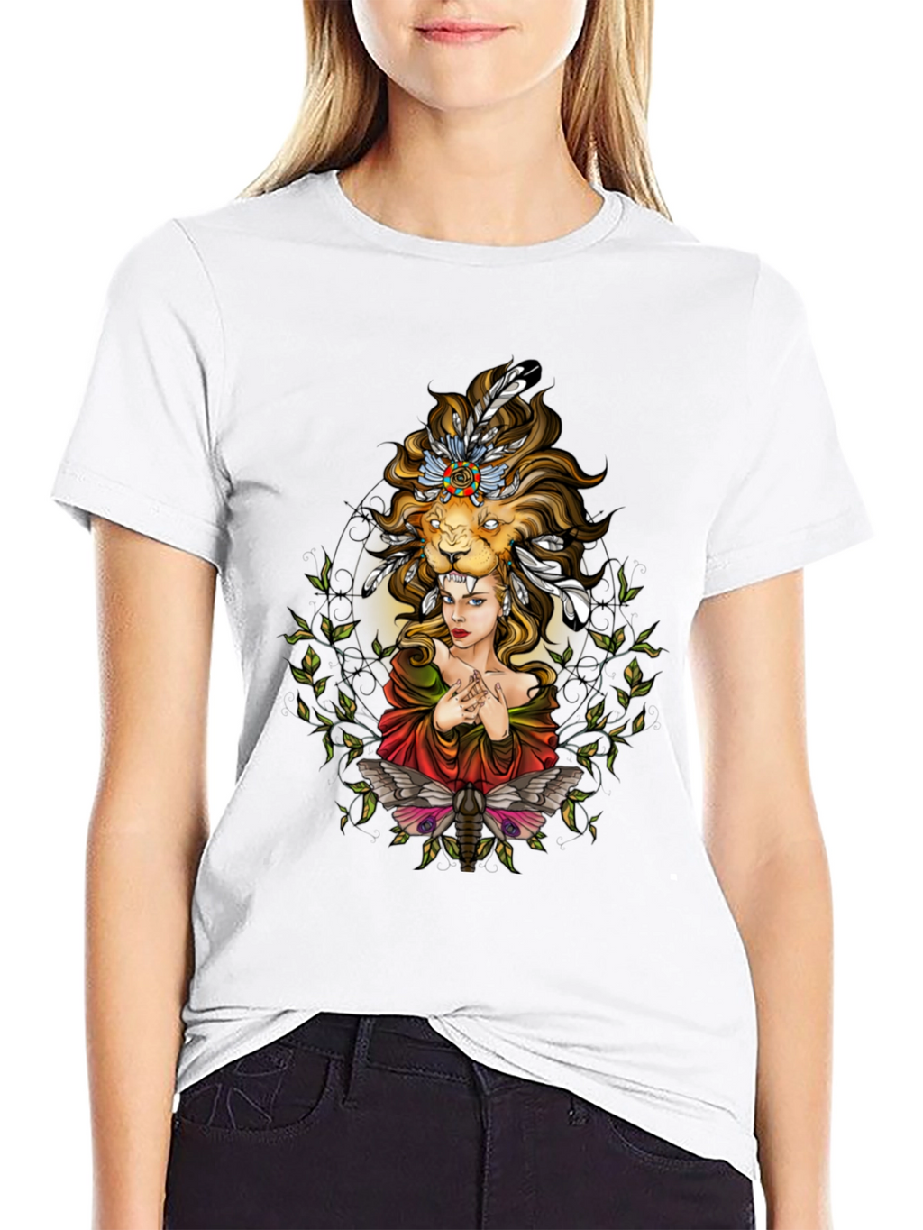 Lion Headdress Woman Graphic Tee - Unisex Black T-Shirt