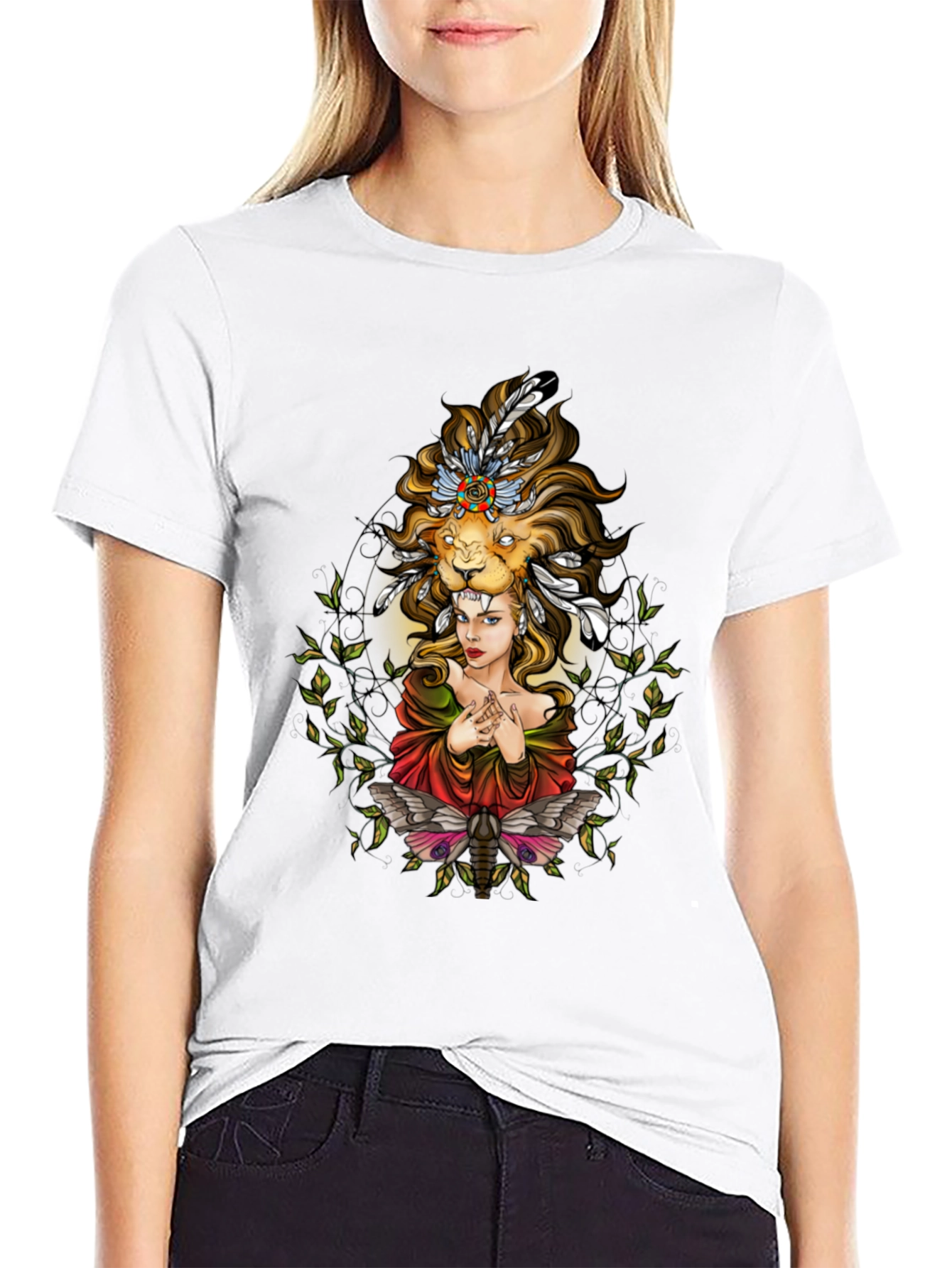 Lion Headdress Woman Graphic Tee - Unisex Black T-Shirt