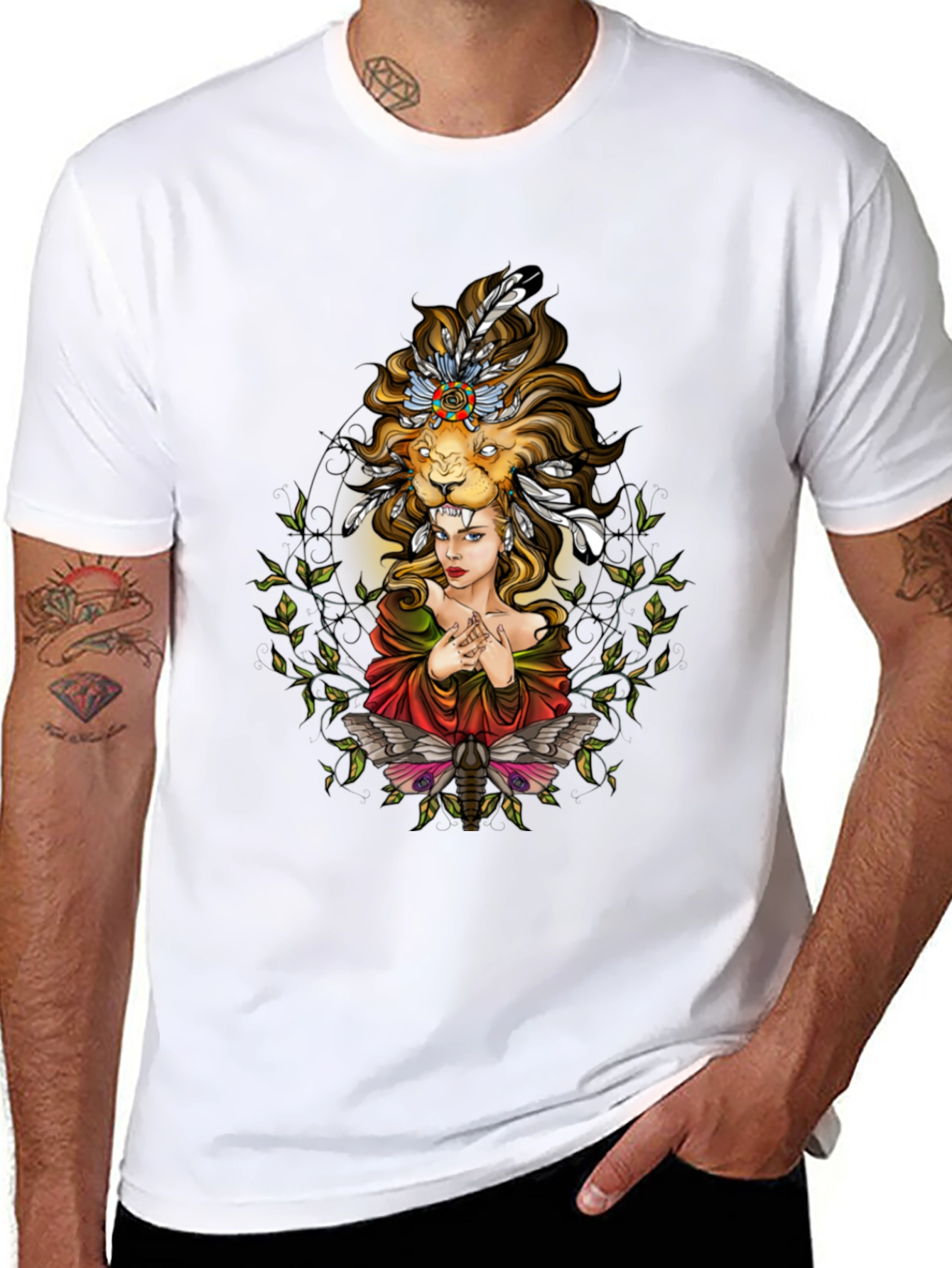 Lion Headdress Woman Graphic Tee - Unisex Black T-Shirt