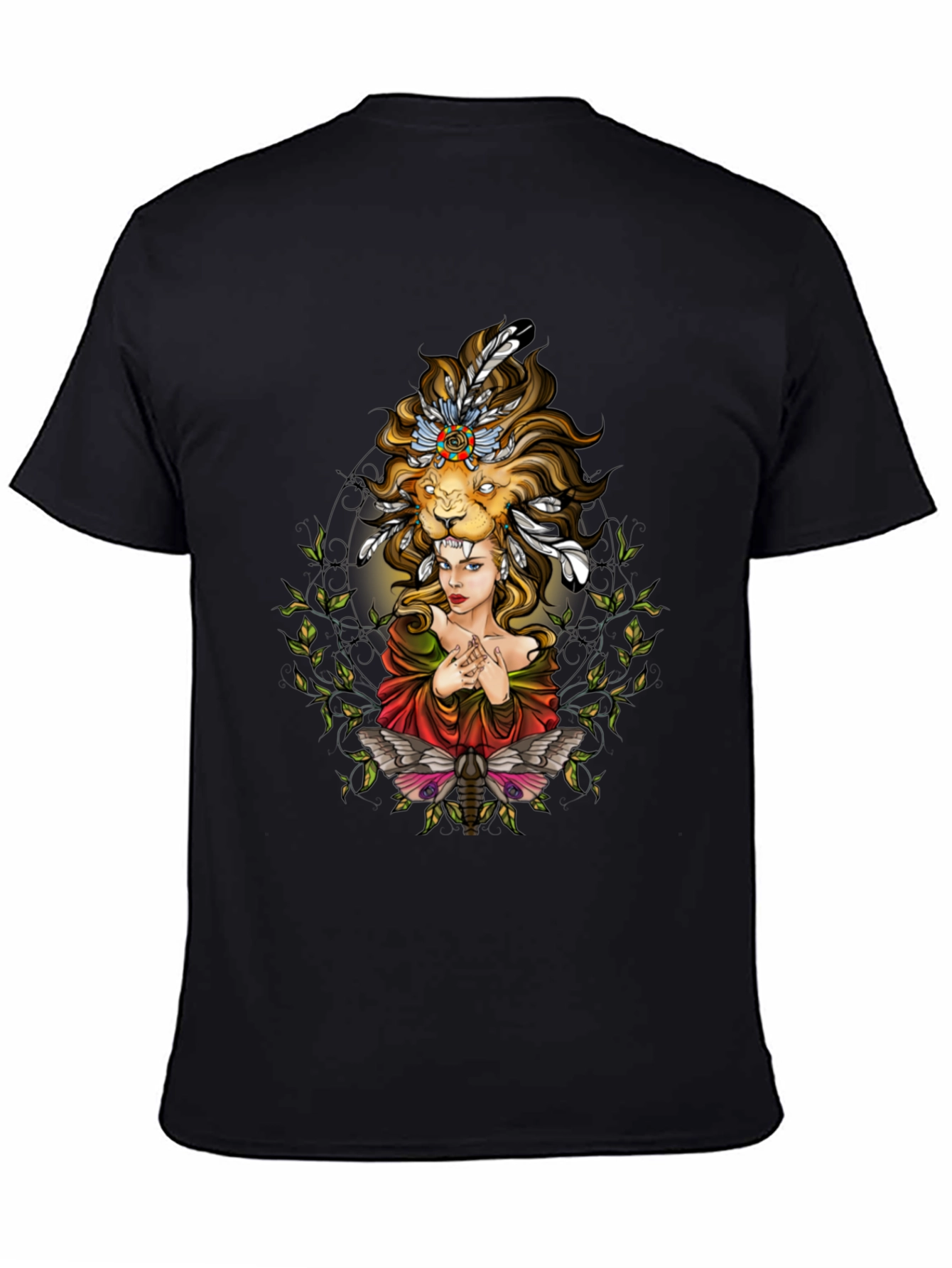 Lion Headdress Woman Graphic Tee - Unisex Black T-Shirt
