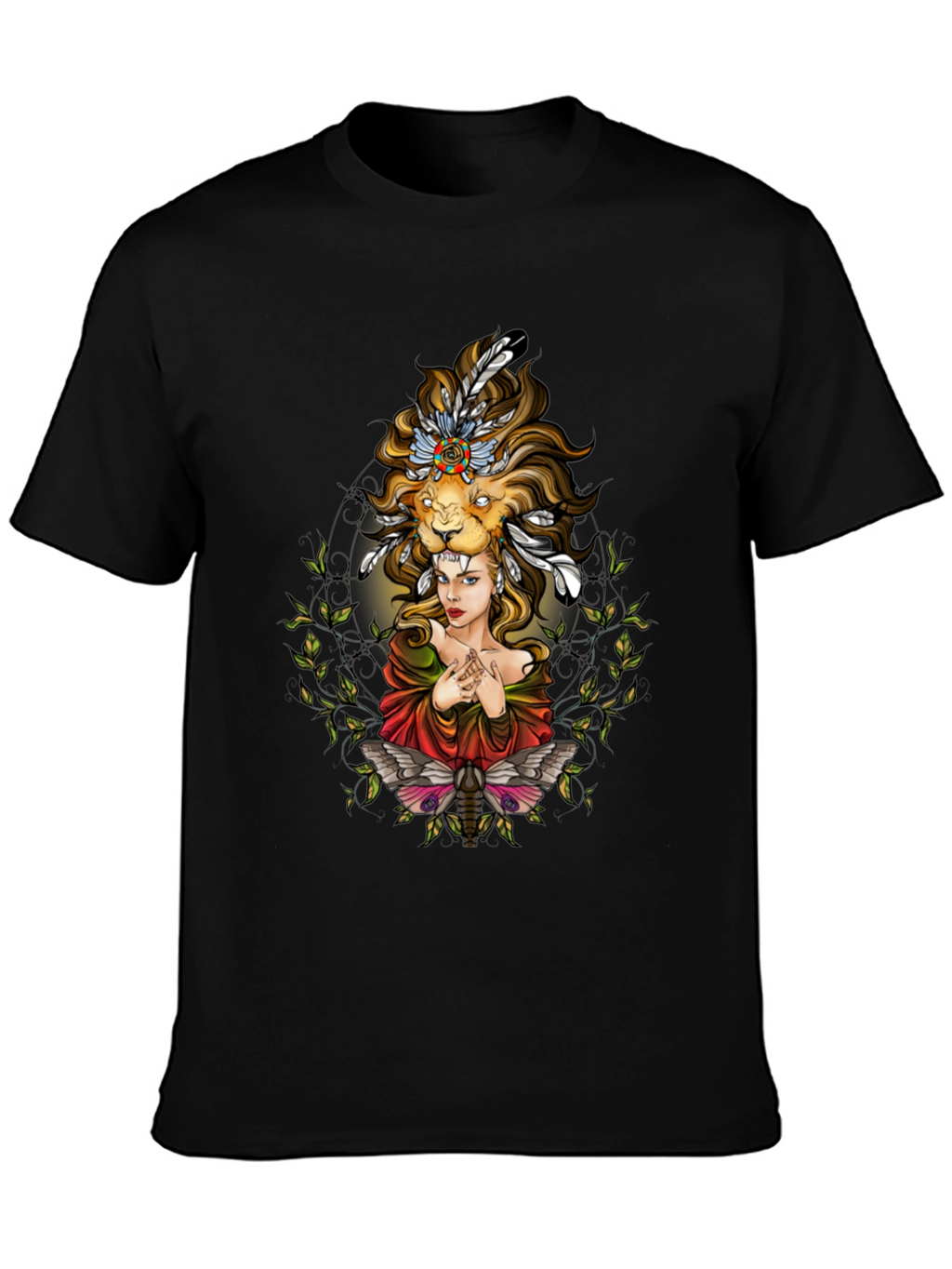 Lion Headdress Woman Graphic Tee - Unisex Black T-Shirt