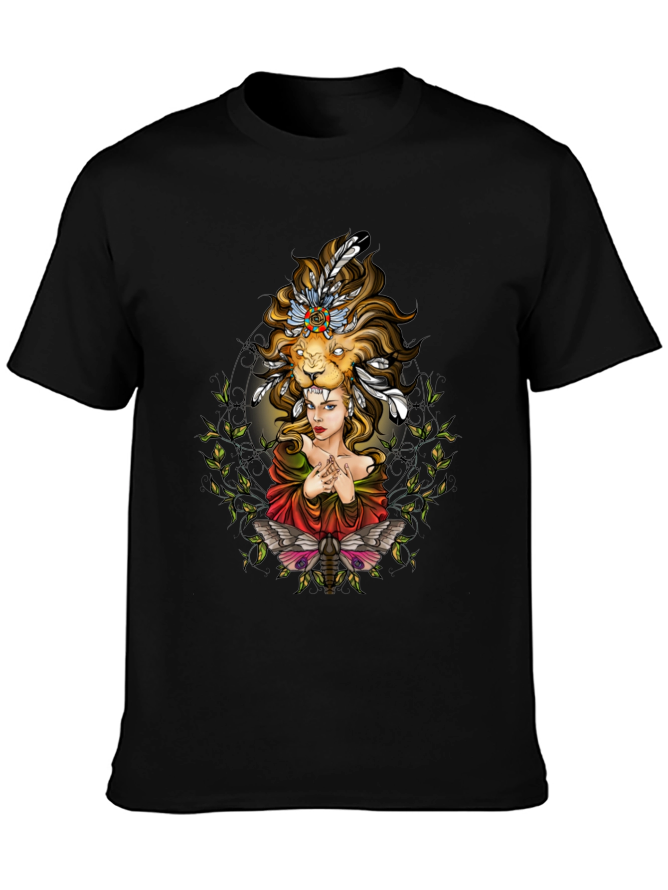 Lion Headdress Woman Graphic Tee - Unisex Black T-Shirt