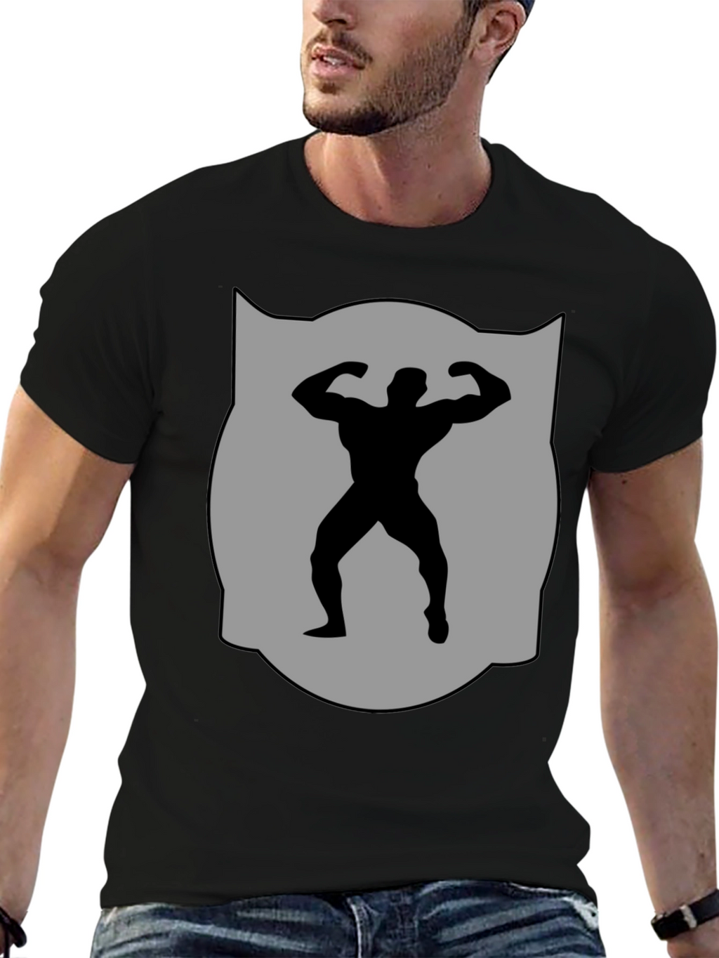 Bodybuilder Silhouette Graphic Tee - Black Cotton Blend