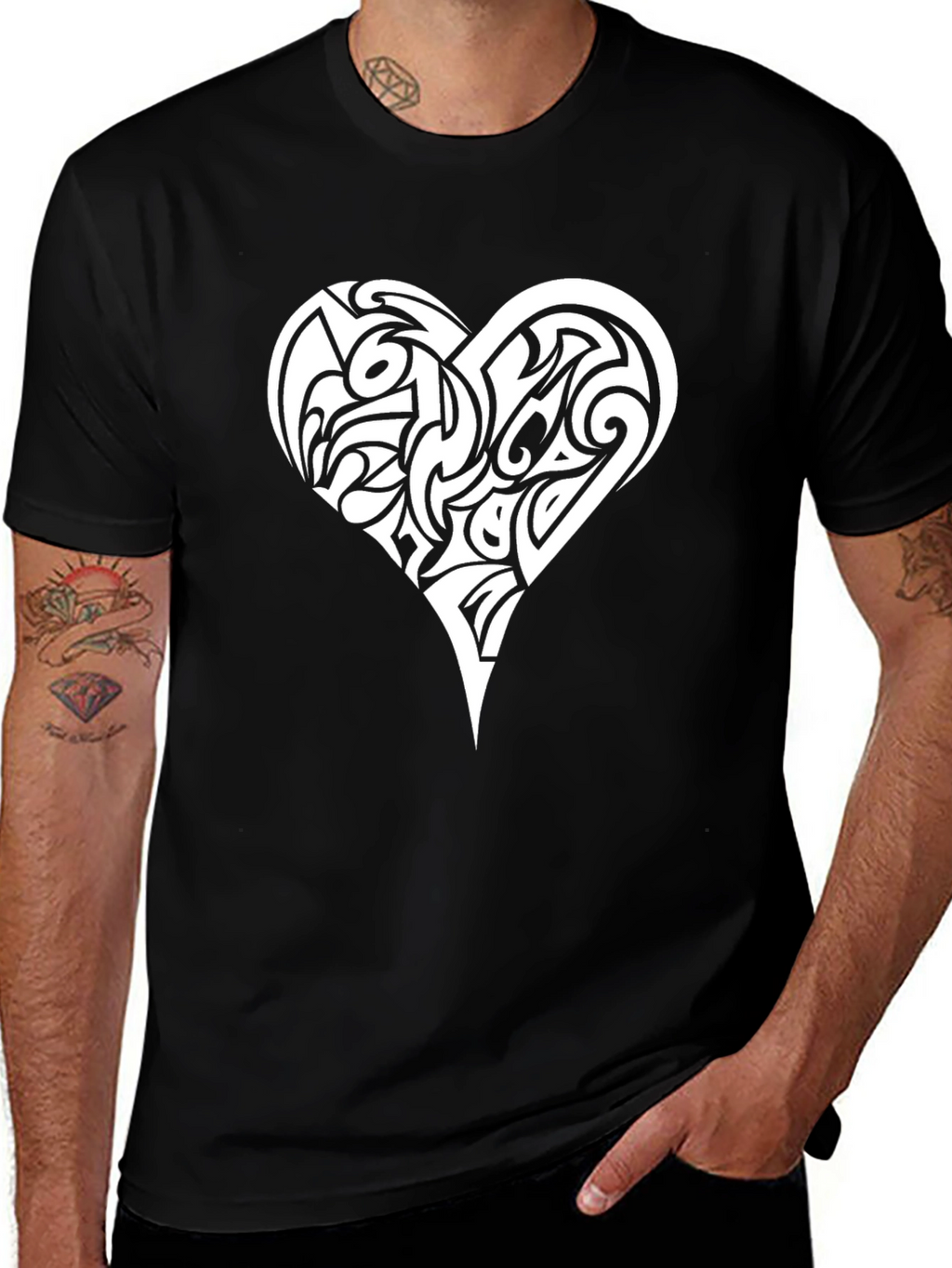Tribal Heart Graphic Tee - Black Cotton T-Shirt