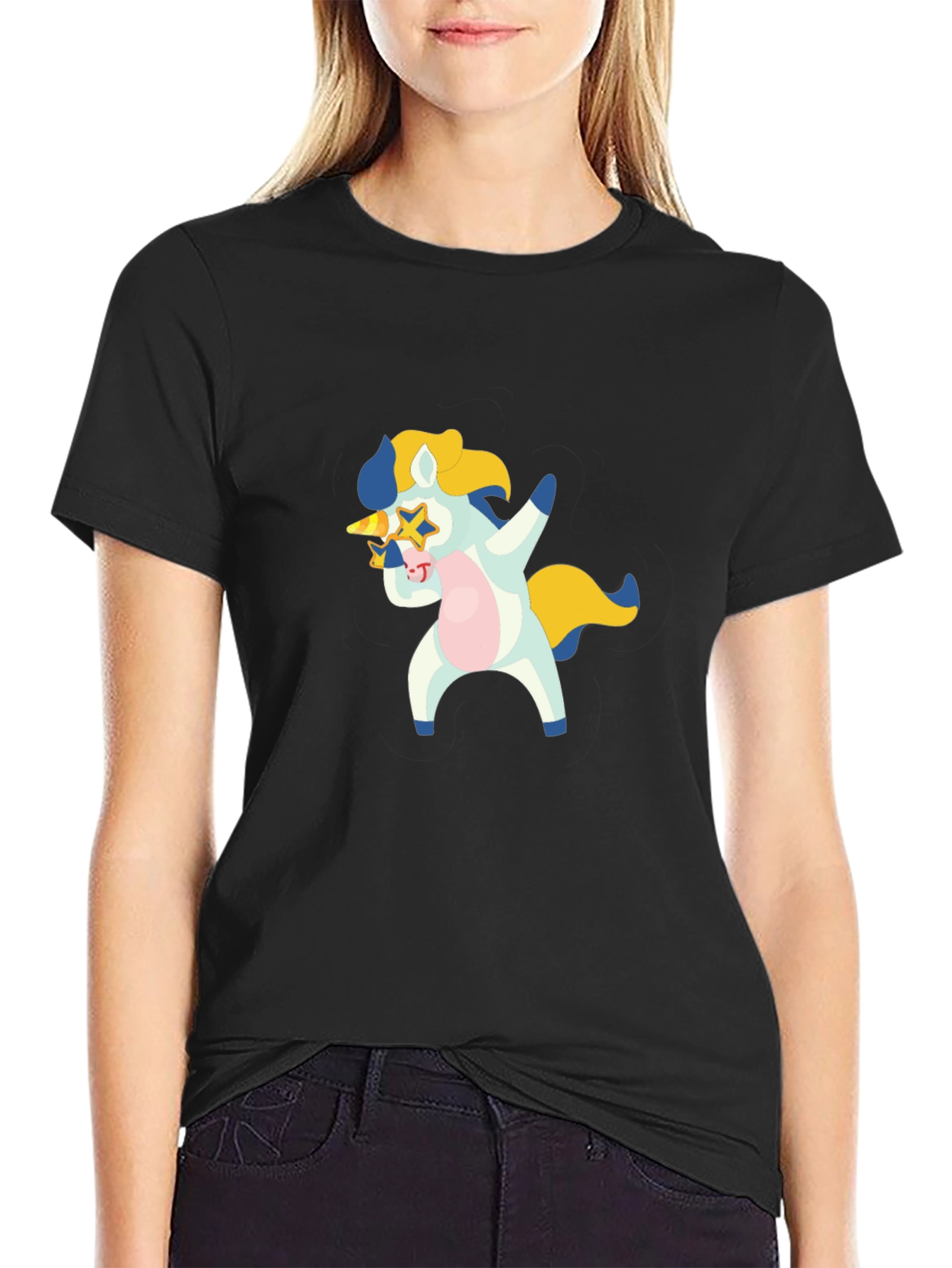 Dabbing Unicorn Graphic T-Shirt - Black Crew Neck