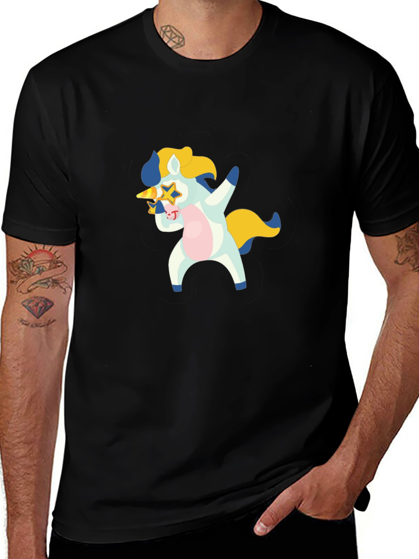 Dabbing Unicorn Graphic T-Shirt - Black Crew Neck