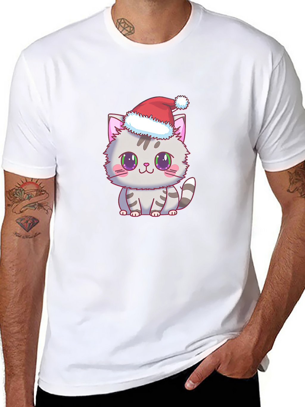 Cute Kitten Santa Hat Graphic Tee - Black