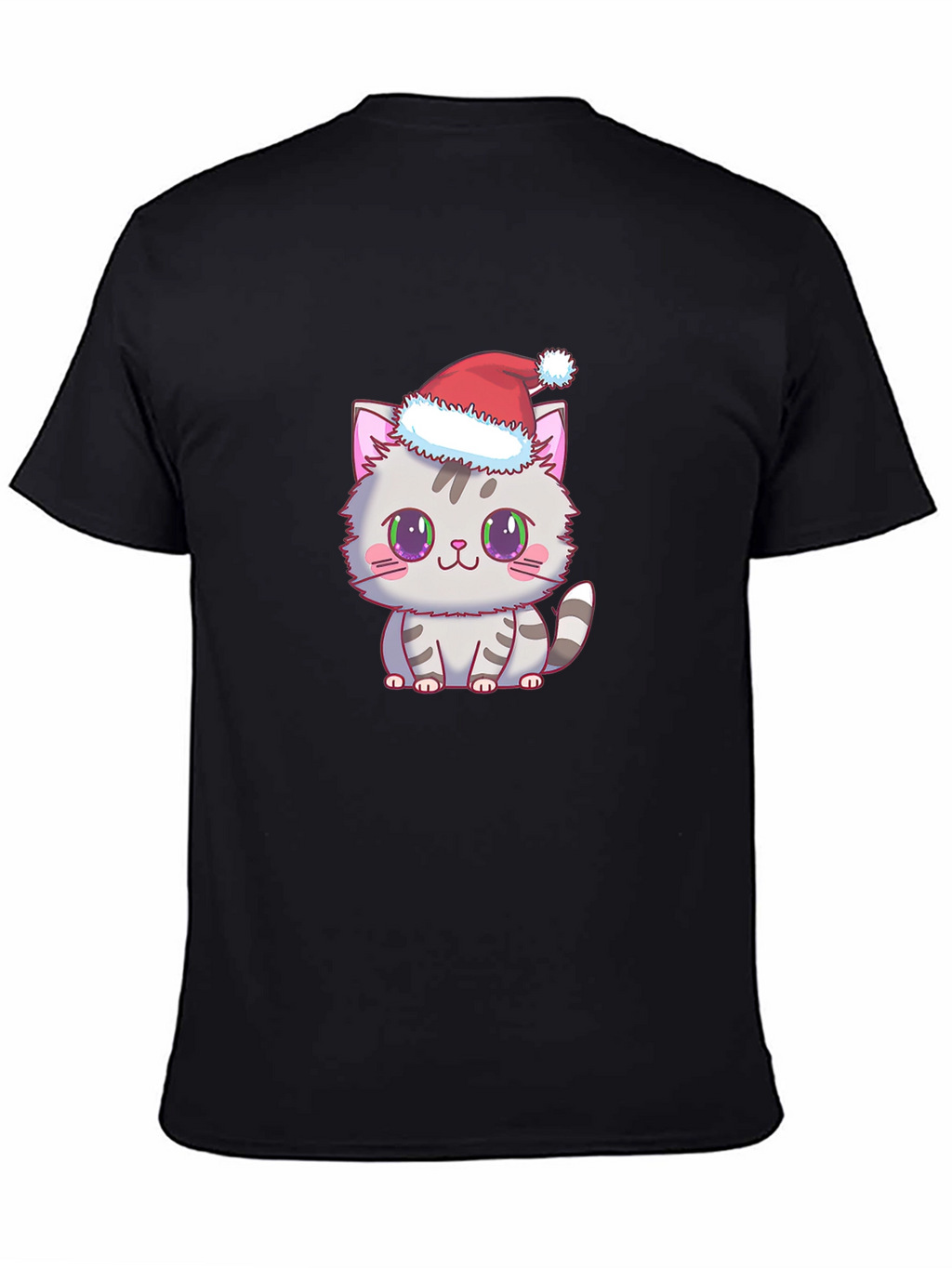 Cute Kitten Santa Hat Graphic Tee - Black