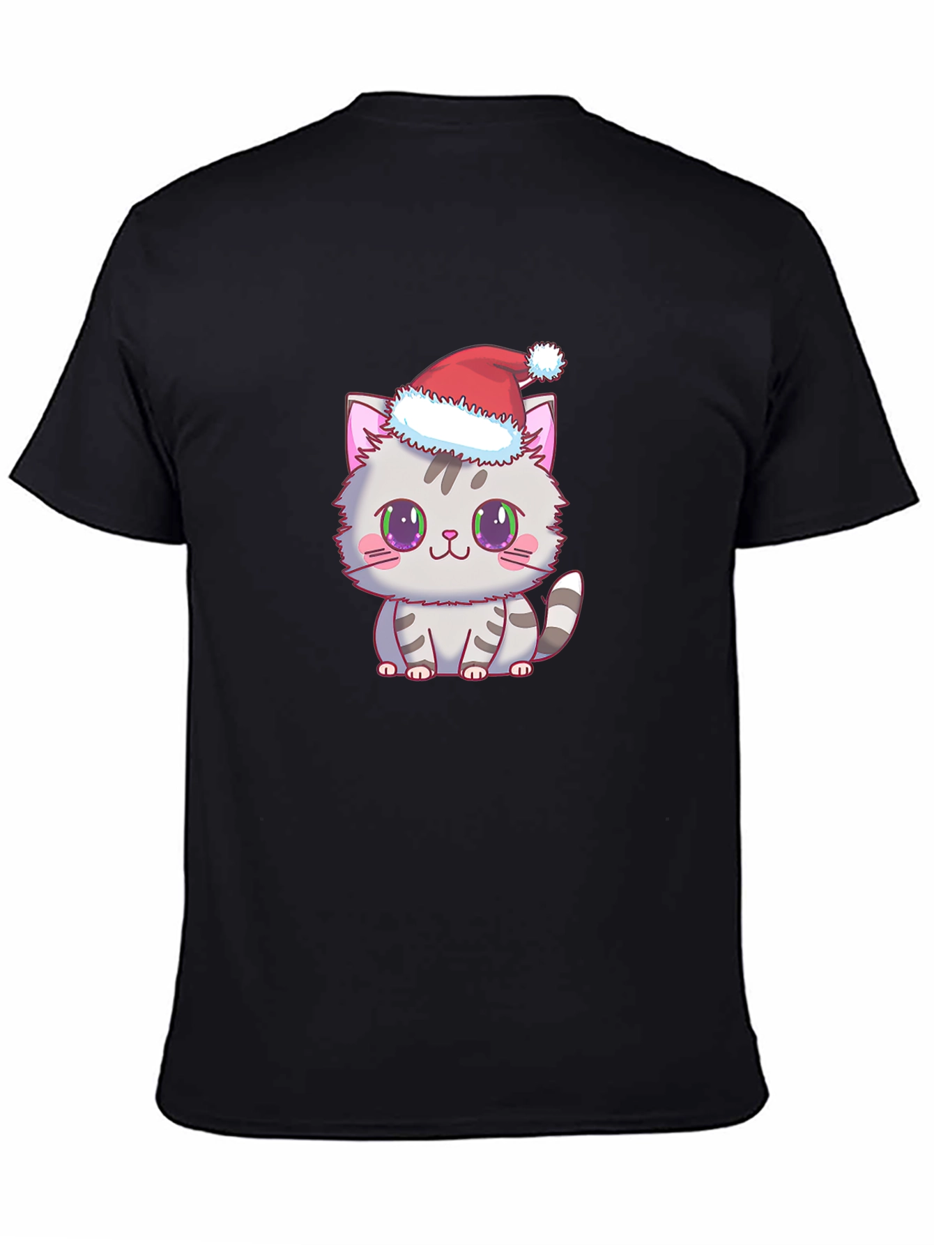 Cute Kitten Santa Hat Graphic Tee - Black