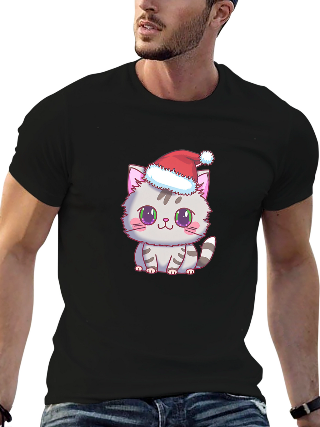 Cute Kitten Santa Hat Graphic Tee - Black