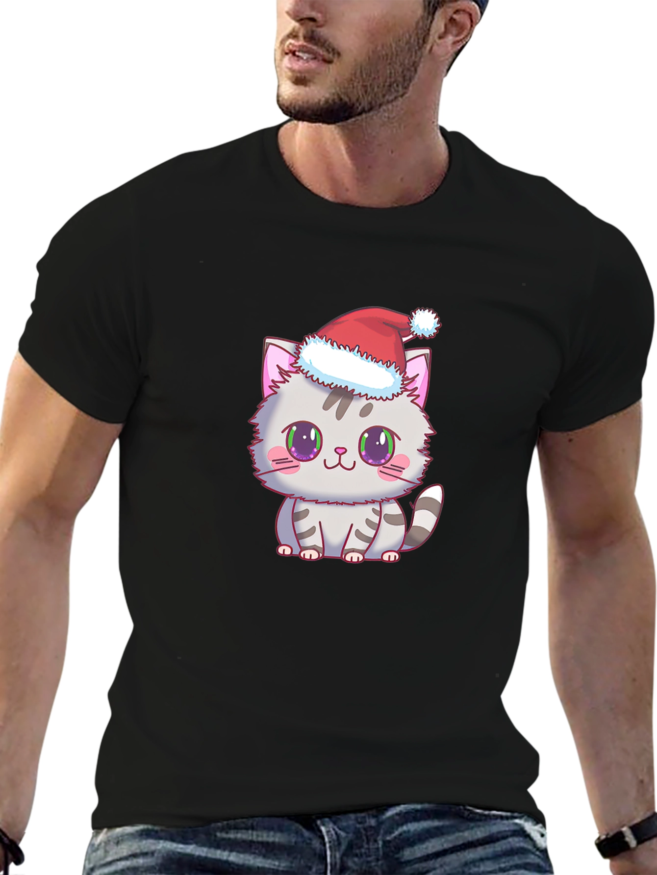 Cute Kitten Santa Hat Graphic Tee - Black